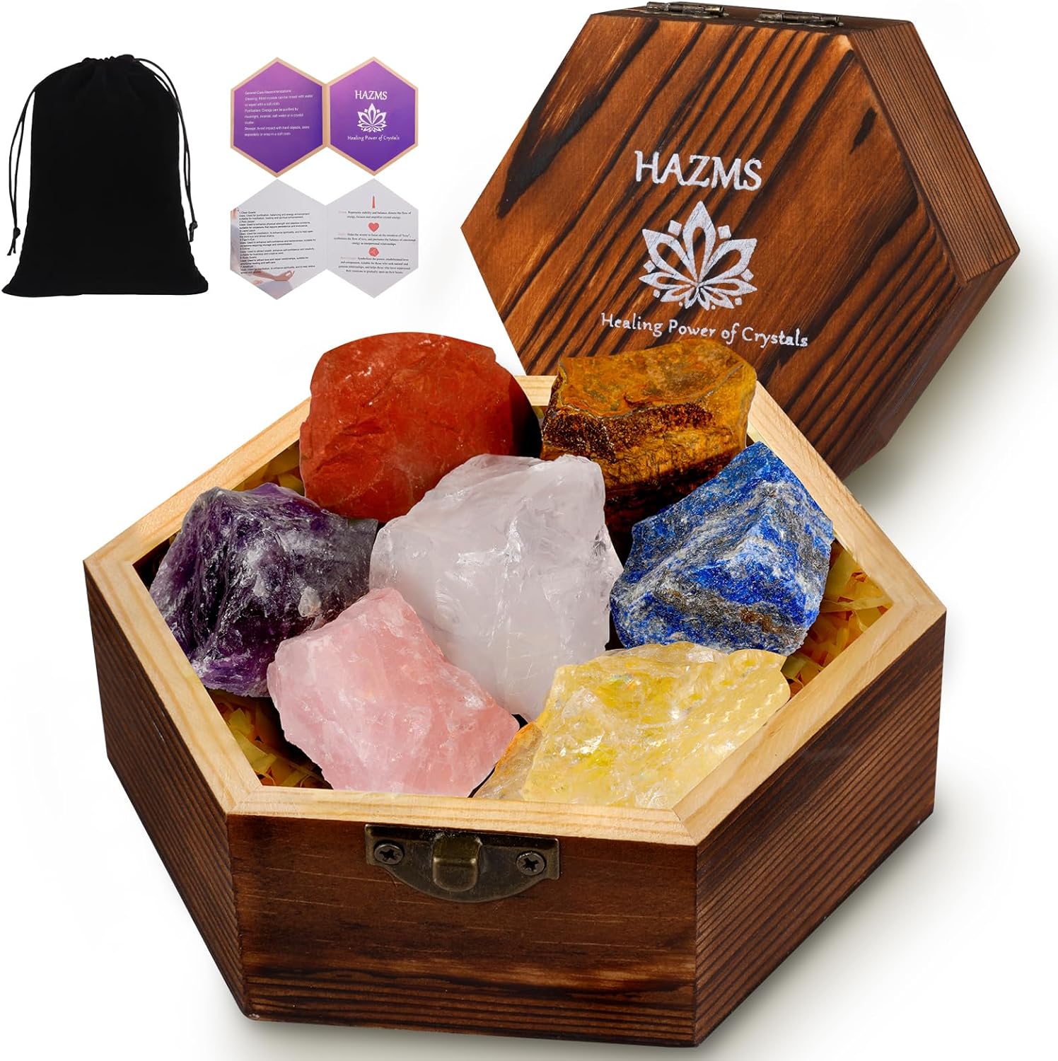 7pcs Crystals and Healing Stones with Wooden Gift Box, Raw Healing Crystals and Chakra Stones Set, Rose Quartz, Amethyst, Clear Quartz for Meditation Yoga Healing Protection-Gift for Women