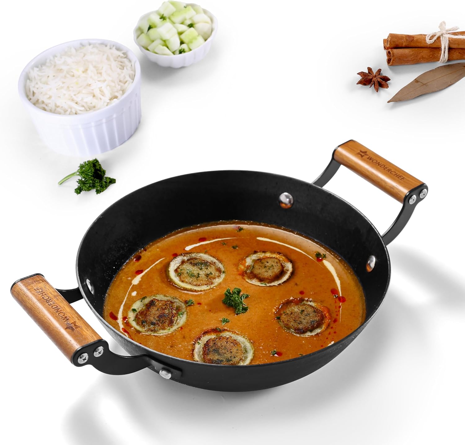 Wonderchef Pre-Seasoned Ferro Light 24cm Kadhai 2.3L Acacia Wooden Handles Gravity Moulding Technology No Chemical Coating 10 Year Warranty24 cmBlack