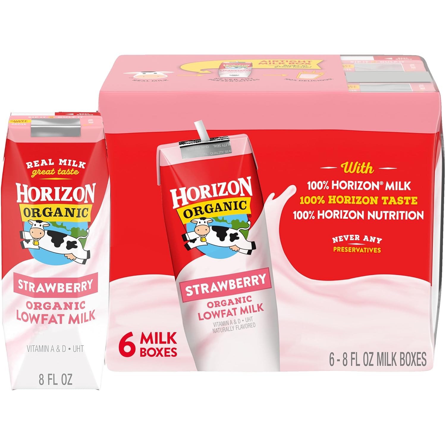 Horizon Organic Shelf Stable 1% Lowfat Strawberry Milk Boxes, USDA Certified Organic UHT Milk from Pasture-Raised Cows, No Refrigeration Required, 8 fl oz, 6 Count
