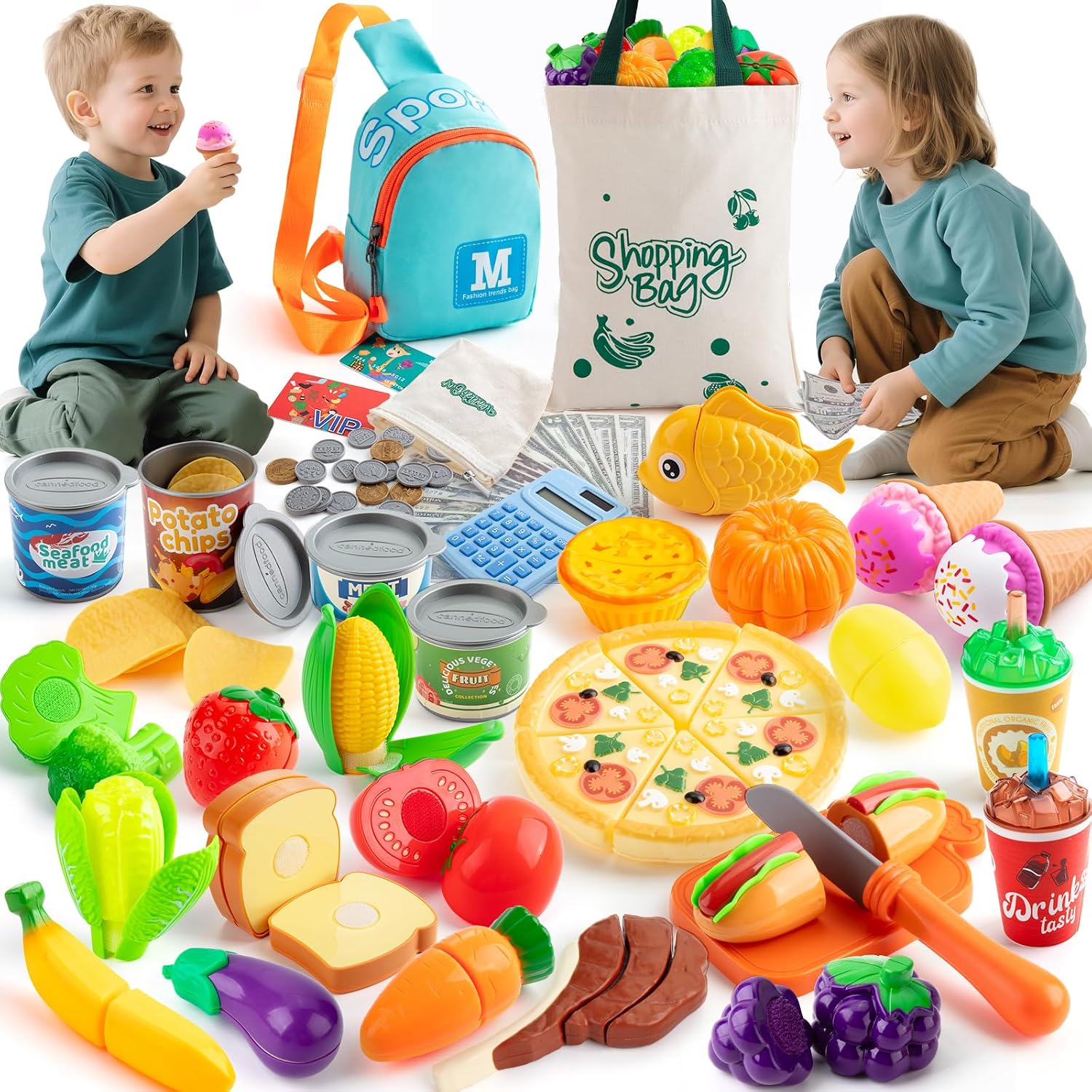 Pretend Play Food Sets for Kids Kitchen, 68PCS Grocery Store Cutting Toy with Storage Bags Calculator Cutting Toys Food with Veggies Fruits Fake Food Pizza Toy Play Kitchen Accessorie Boy Girl Gift