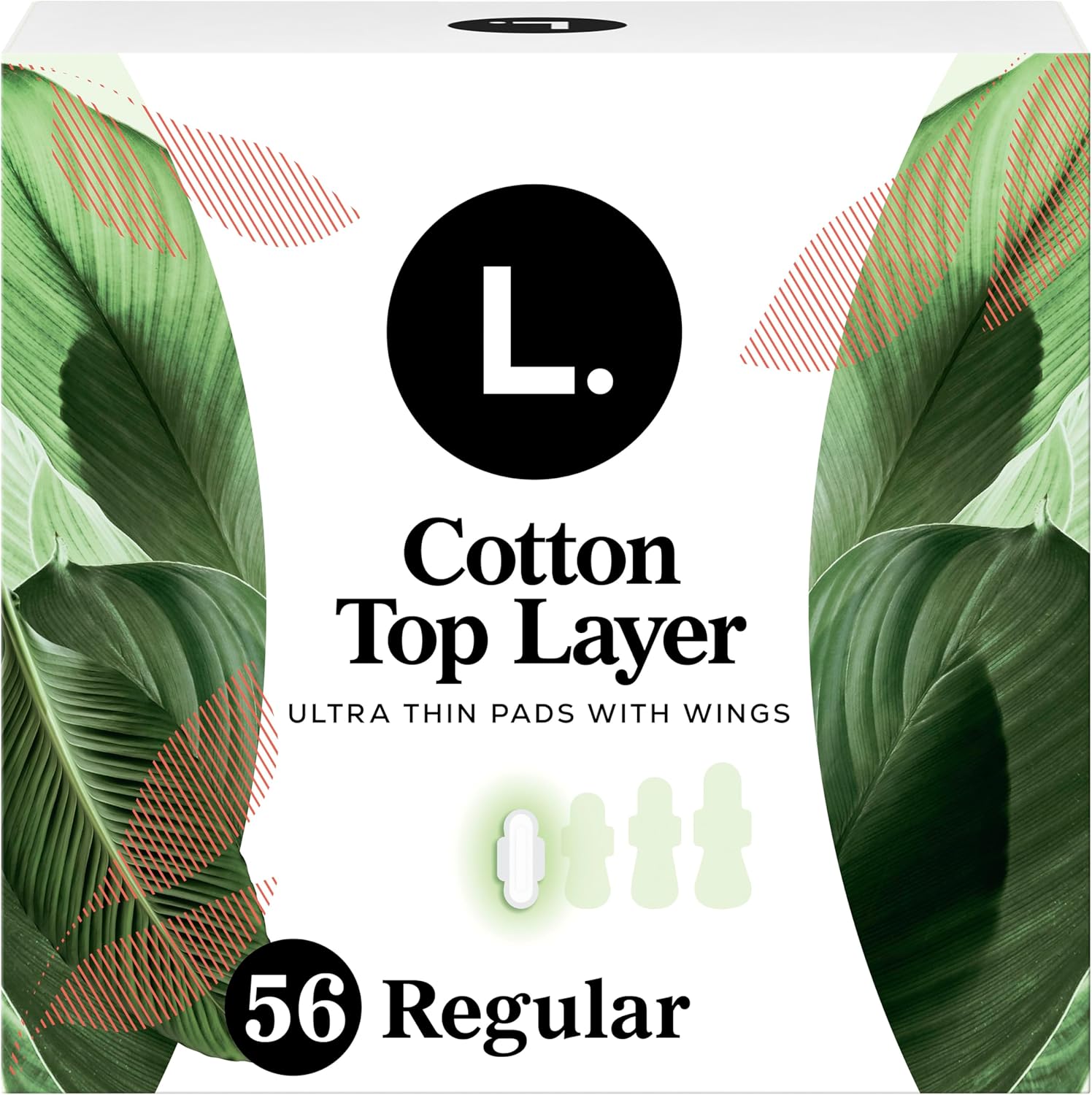 L. Ultra Thin Pads for Women, Regular Absorbency, Organic Cotton Top Layer, Unscented Pads with Wings, 56 CT