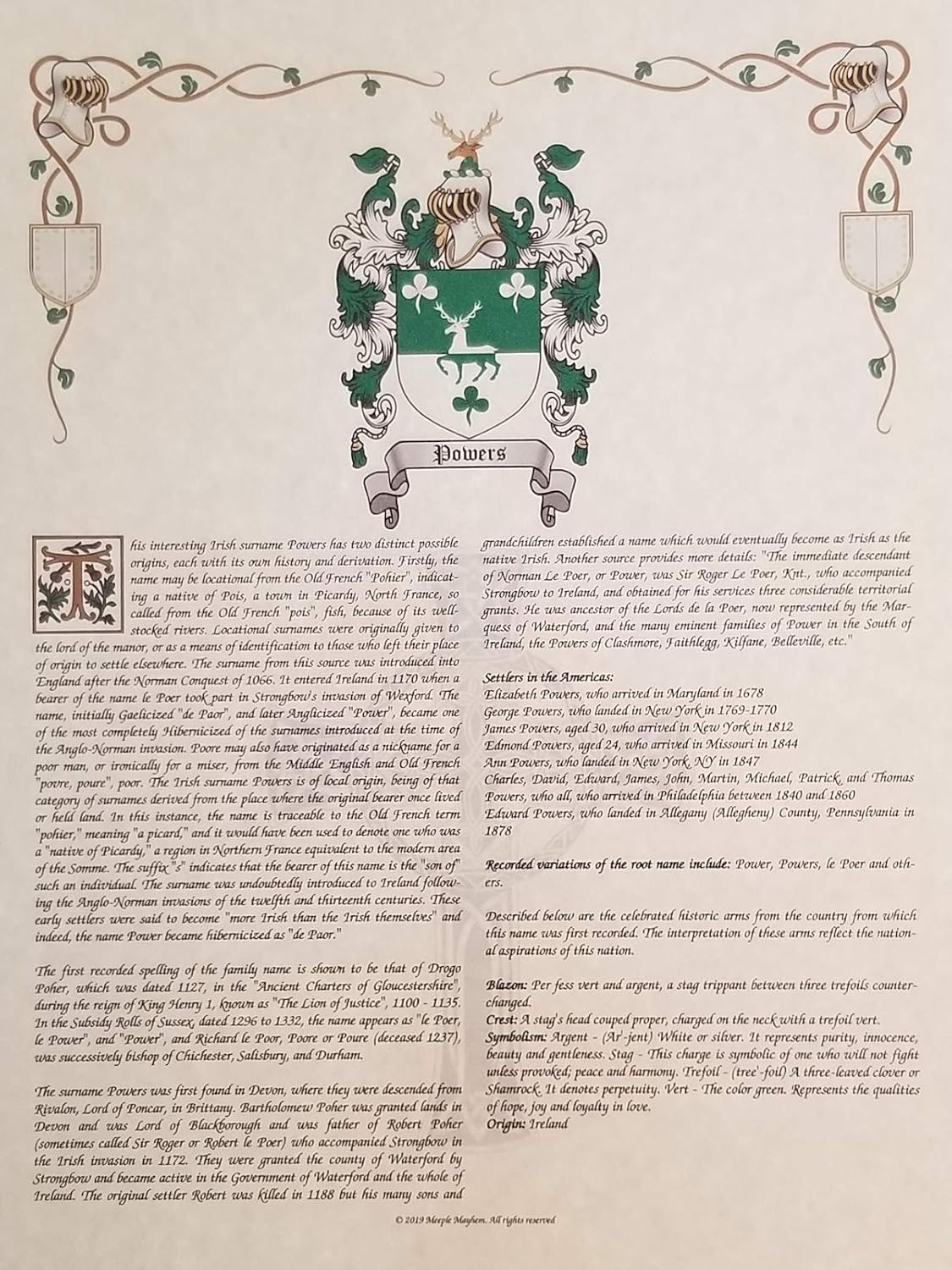 Mr Sweets Toolan Coat of Arms, Crest & History 8.5x11 Print - Name Meaning, Genealogy, Family Tree Aid, Ancestry, Ancestors, Namesakes - Surname Origin: Irish Ireland