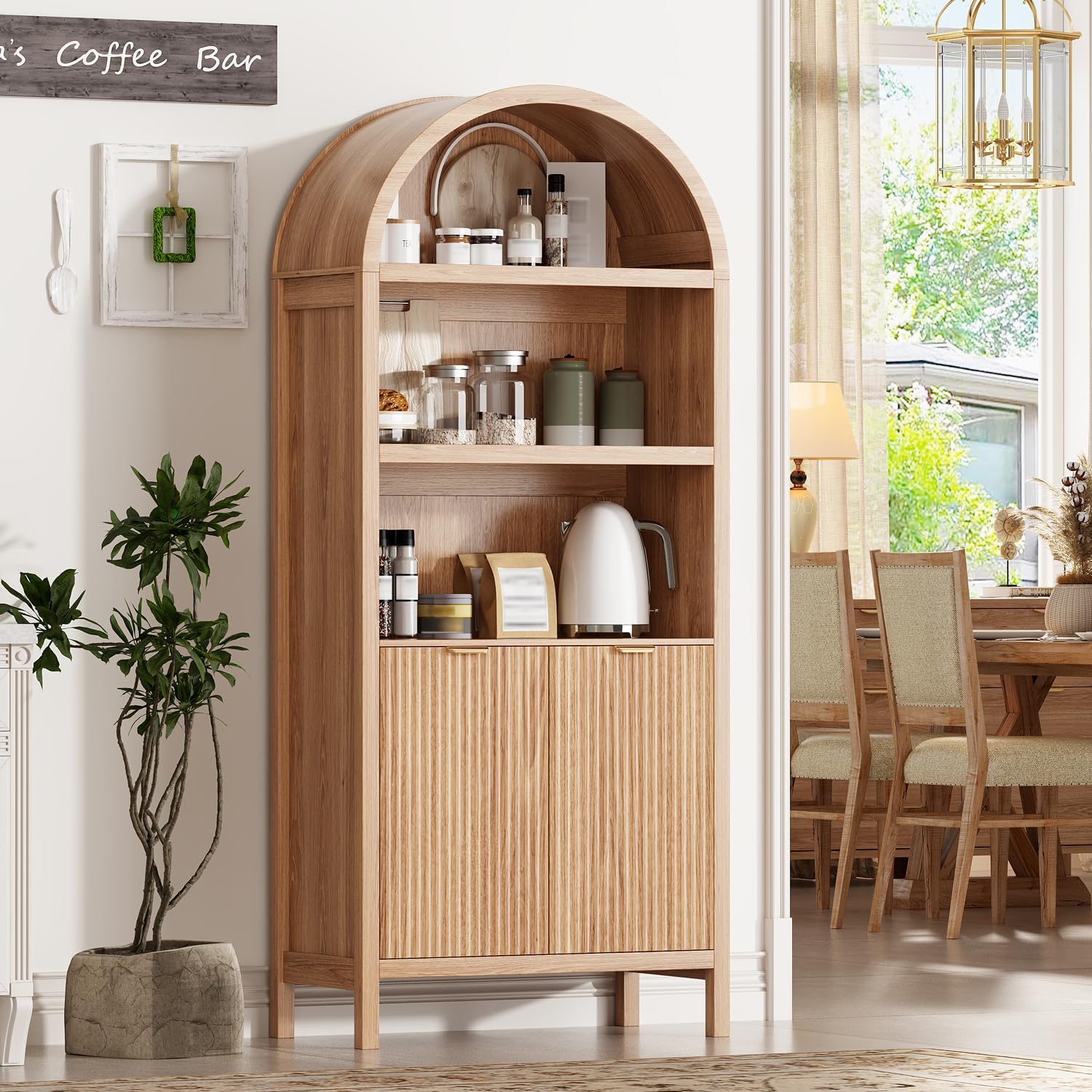 71" Tall Arched Kitchen Pantry,Modern Fluted Wood Storage Cabinet with Doors,Adjustable Shelves,Organizer, Versatile Cupboard for Kitchen,Living Room,Dining Room,Bathroom,Oak1