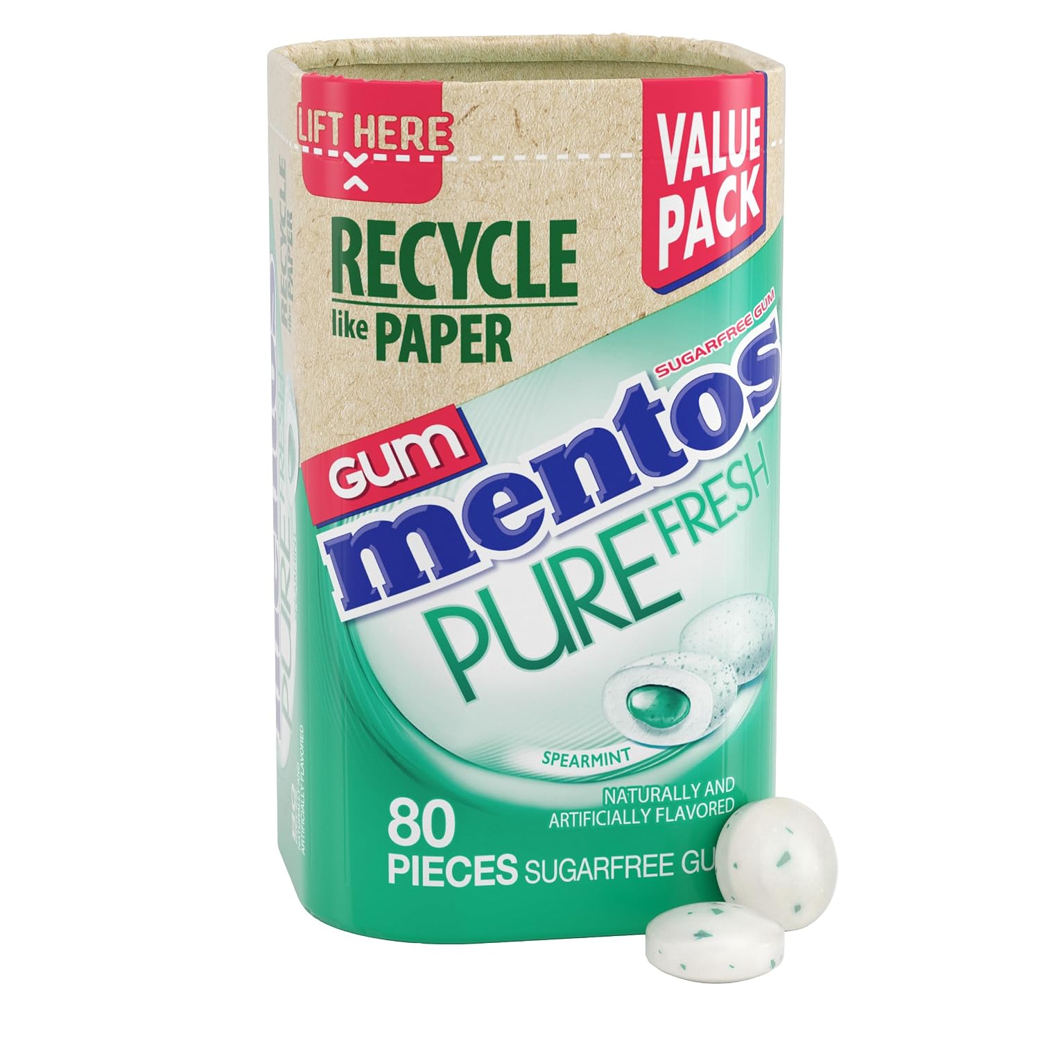 Mentos Pure Fresh Sugar Free Gum with Xylitol, Spearmint, 80 Piece Bottle