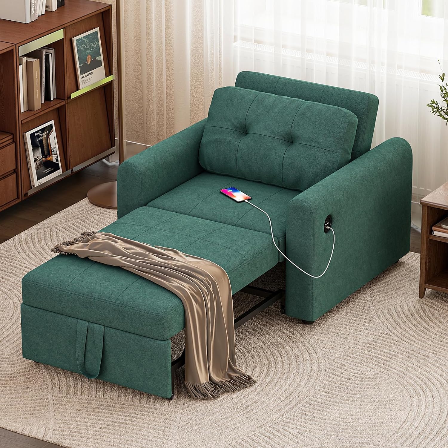Jooli H Single Sofa Bed, 3-in-1 Convertible Pull Out Sleeper Sofa Bed Chair with USB Ports & Side Pocket for Living Room, Guest Room (Green, Sleeper Sofa Chair)