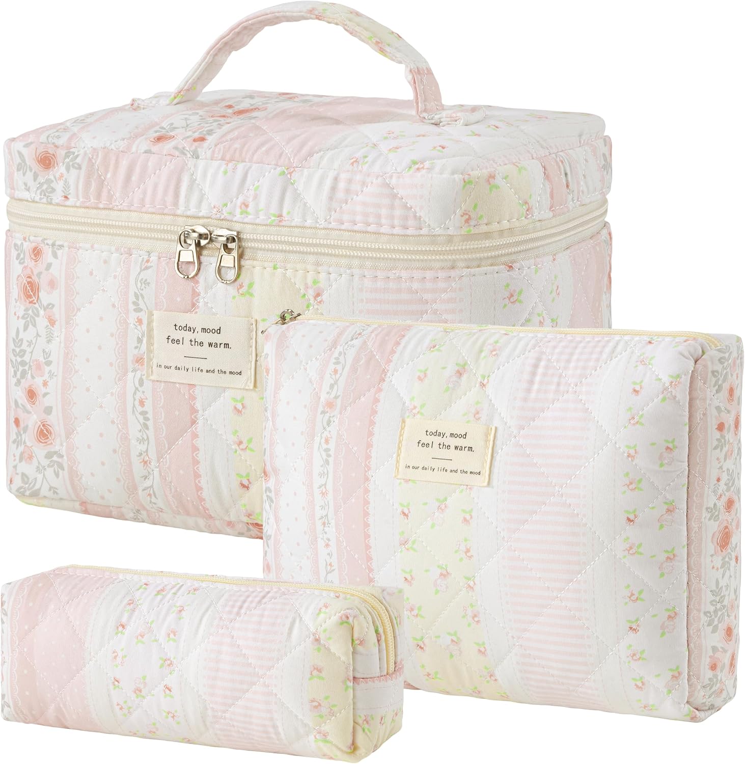 HBselect Quilted Makeup Bag, 3Pcs Cotton Large Travel Makeup Bags Organizer