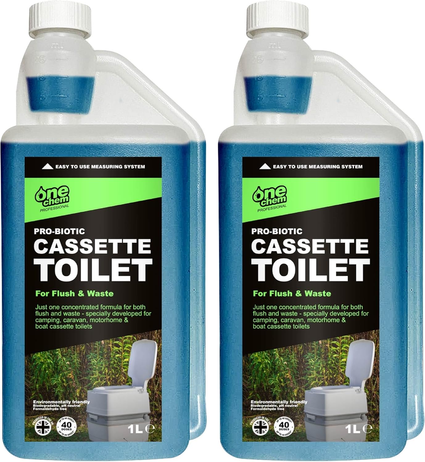 One Chem Professional Probiotic Cassette Toilet 2 x 1 Litre Concentrate, Up to 40 Doses, 2 in 1 Blue Fluid, Flush and Waste
