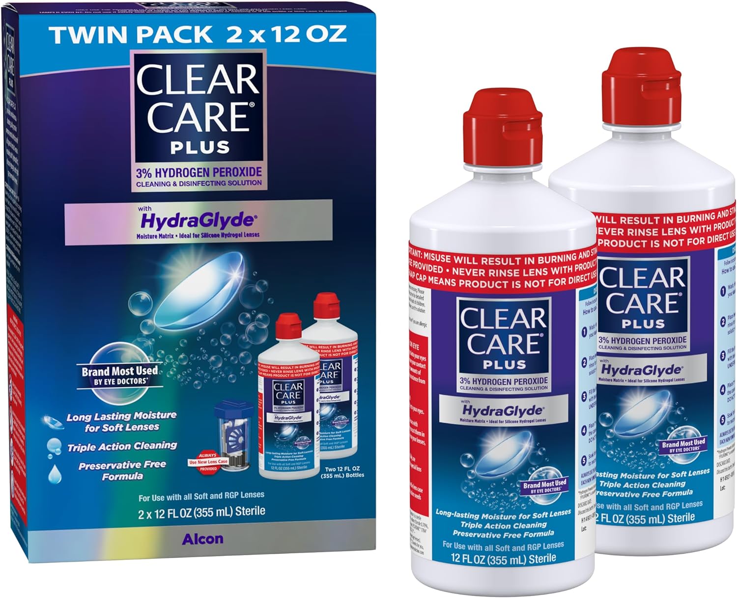 CLEAR CARE PLUS Cleaning & Disinfecting Contact Lens Solution (12 oz, Pack of 2), HydraGlyde Moisture Matrix, For Soft & RGP Lenses, Preservative-Free, Included Lens Case, Deep Cleaning Action