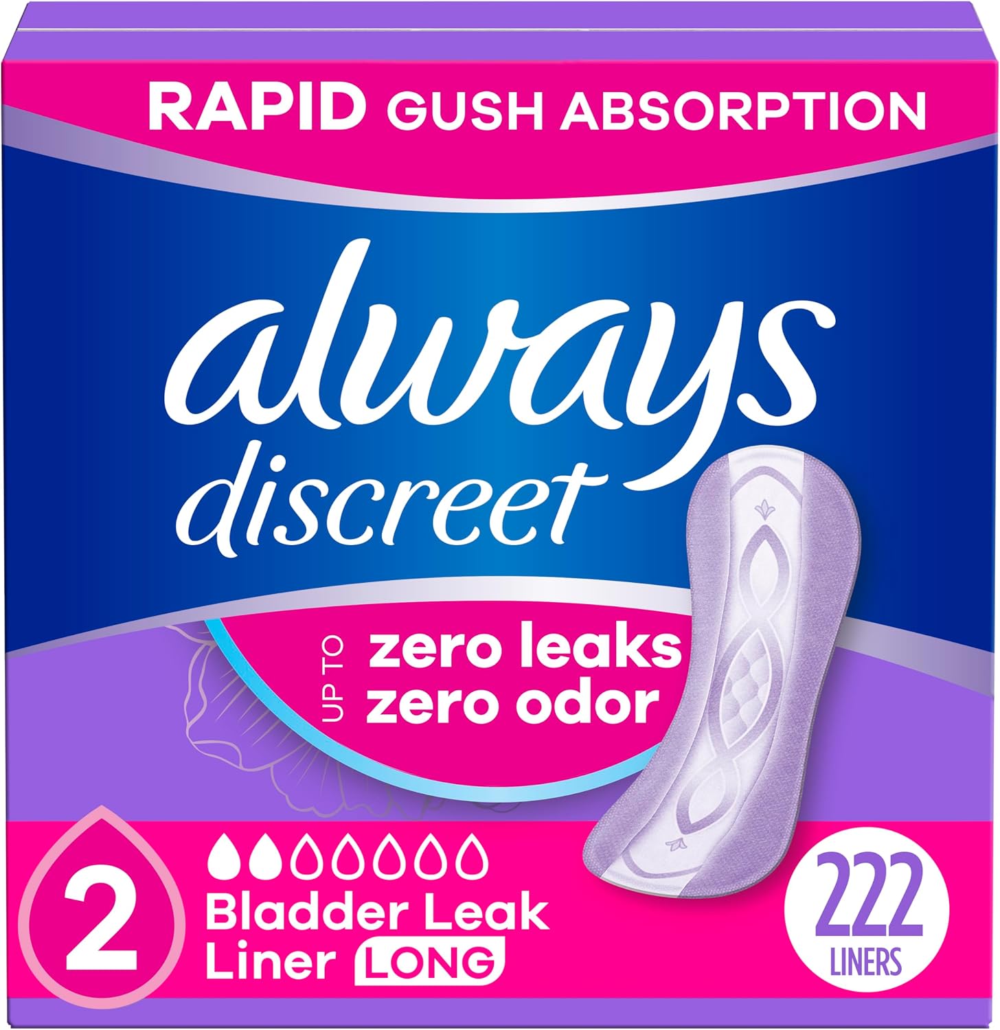 Always Discreet Incontinence Panty Liners for Bladder Leaks, Size 2, Very Light Absorbency, Long Length, 222 Count (2 Packs of 111)