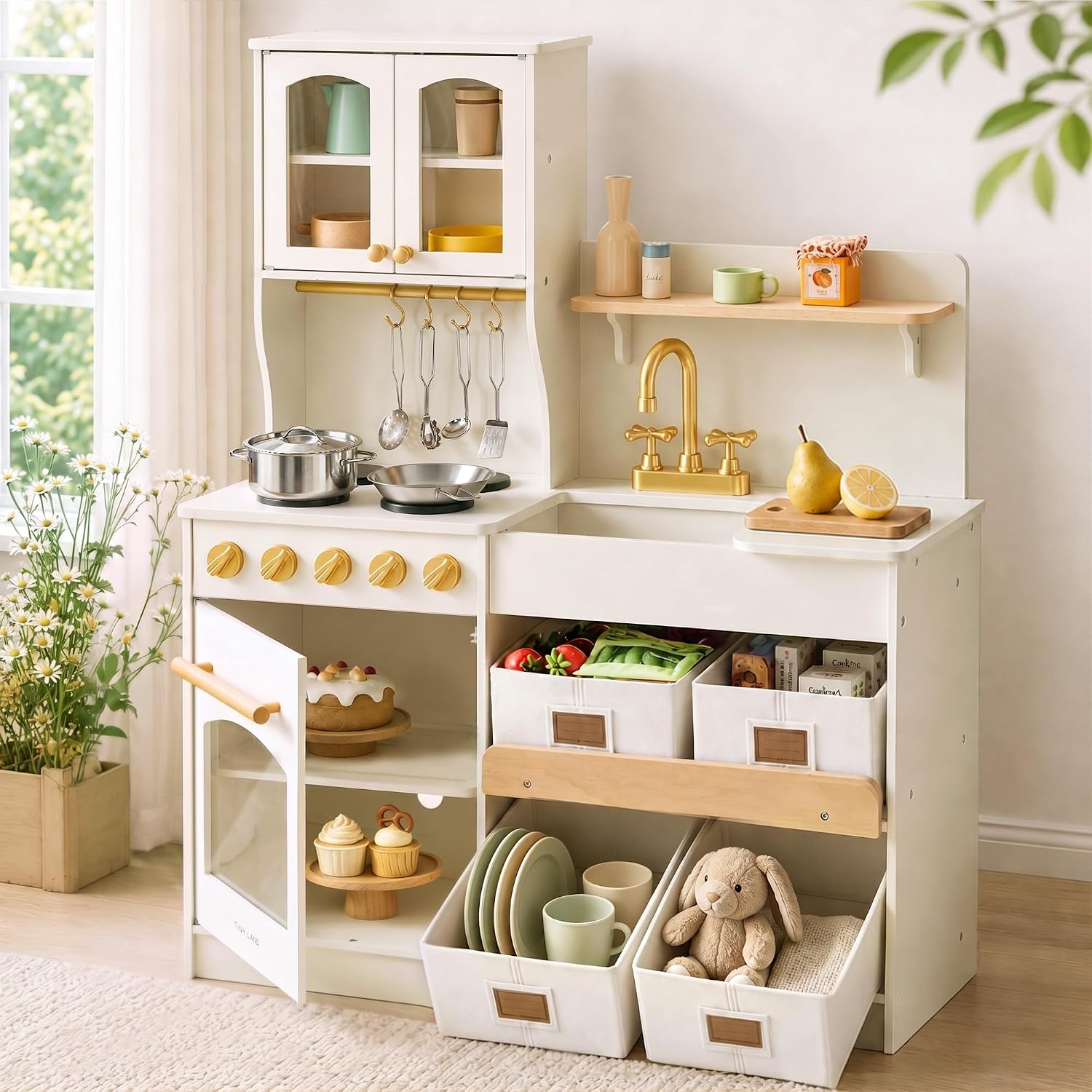 Tiny Land Wooden Play Kitchen for Kids with Toy Storage for Pretend Play