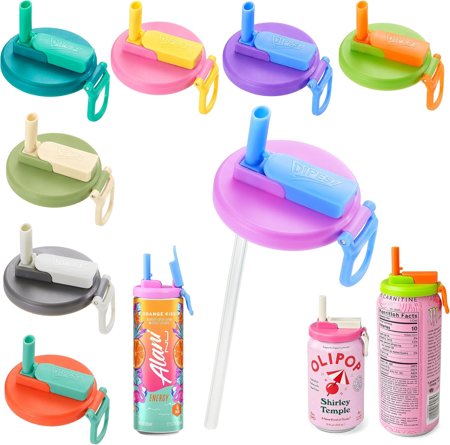 ORIGINAL CREATOR - DIPESI 8 pack 8 color Soda Can Lids with Straws, Pop Can Cover,Reusable Silicone Straws,BPA-Free,Reusable Can Covers for soda,Coke,Beer,Juice,Beverage,Fits Standard Cans