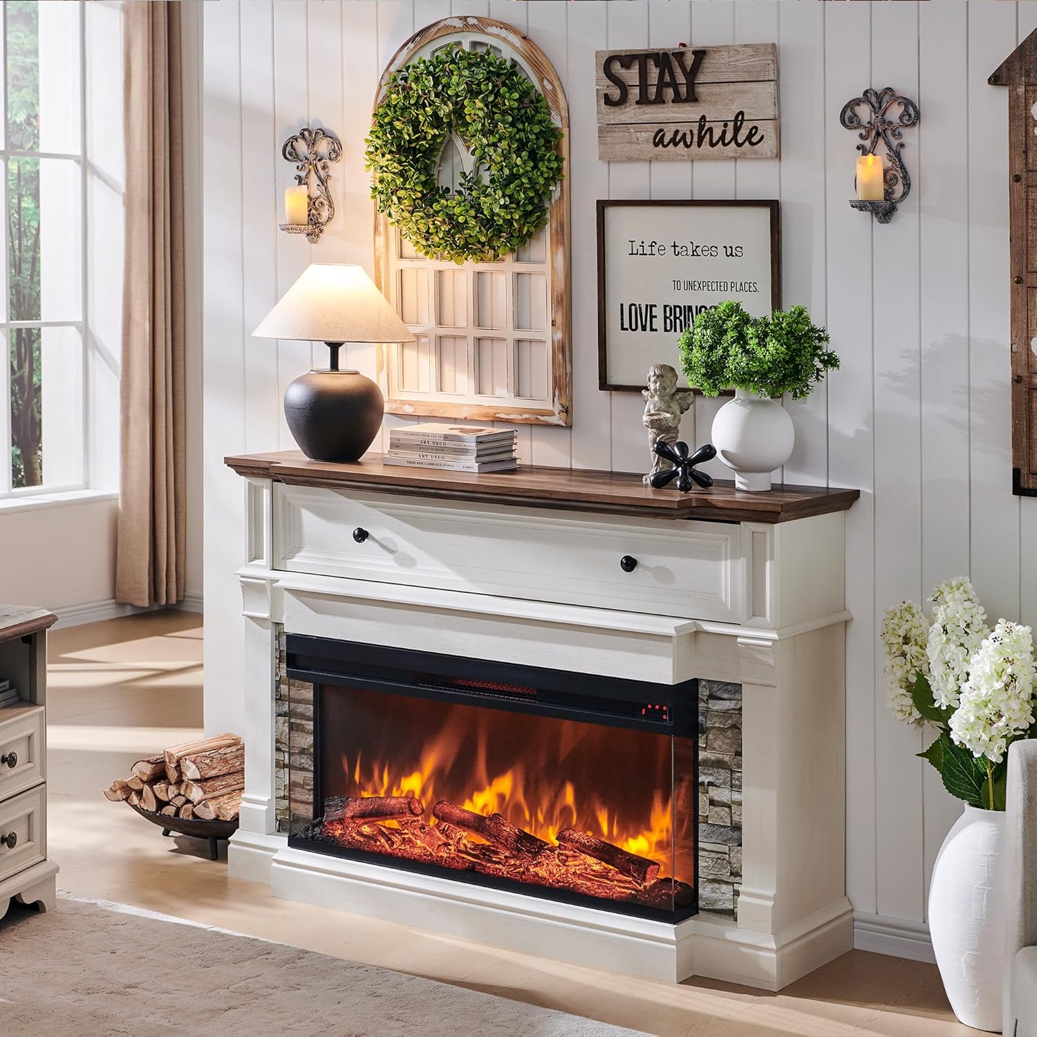 OKD 52" Electric Fireplace with Mantel, Freestanding Fireplace Heater TV Stand with 36" 3-Side Glass Insert for TVs Up to 65" with Storage Cabinet for Living Room, Antique White