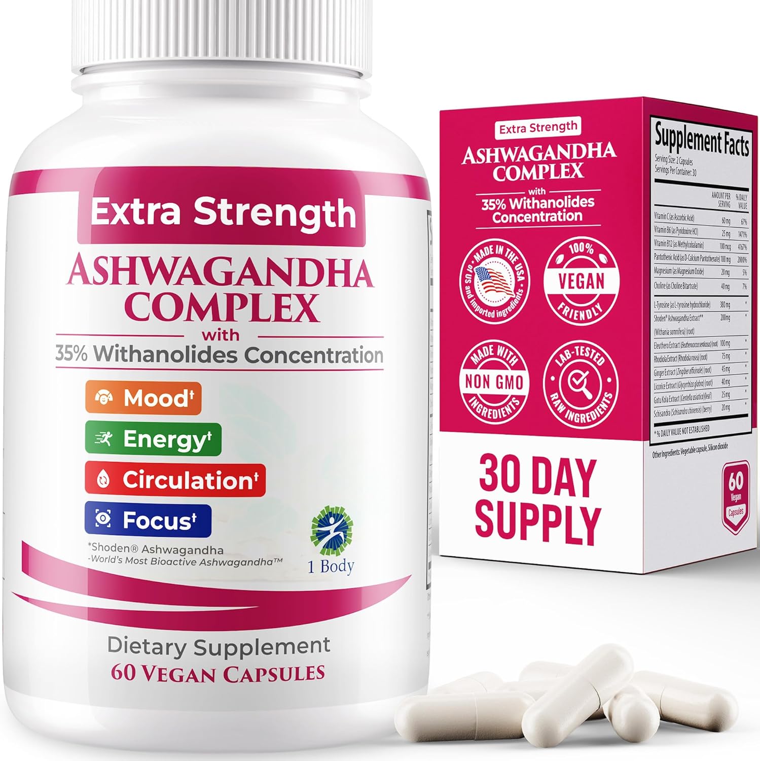 1 Body Ashwagandha Complex with Shoden® – Clinically Supported Stress Relief, Sleep, and Energy Support – Vegan, Non-GMO Supplements – 60 Capsules