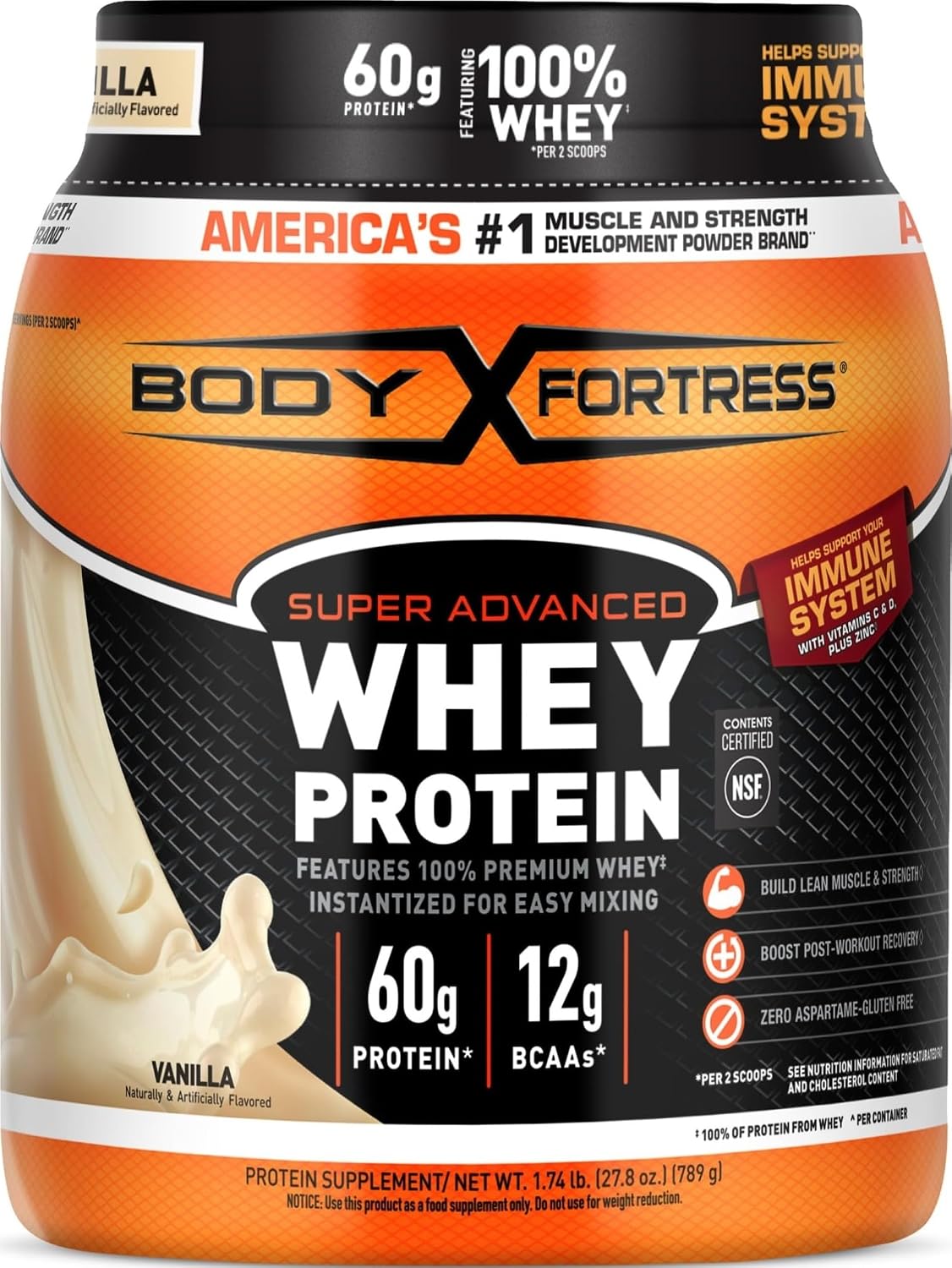 Body Fortress Super Advanced Whey Protein Powder, Vanilla, 1.74lbs | Flavor: Vanilla, Immune Support, Muscle and Strength Development