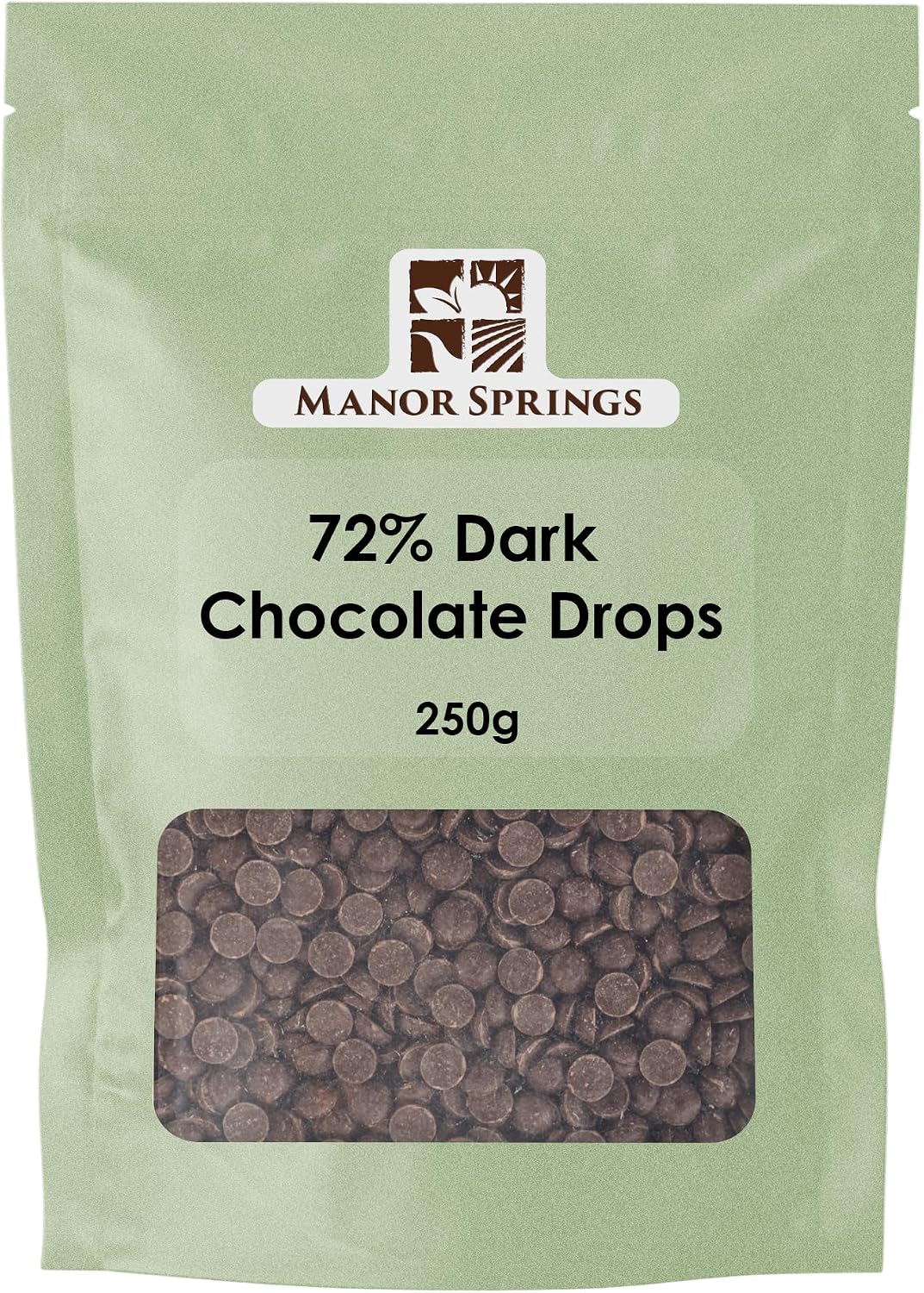 72% Dark Chocolate Drops 250g by Manor Springs for Baking, Desserts, Cookies, Cakes, Muffins, Cupcakes & Decorating