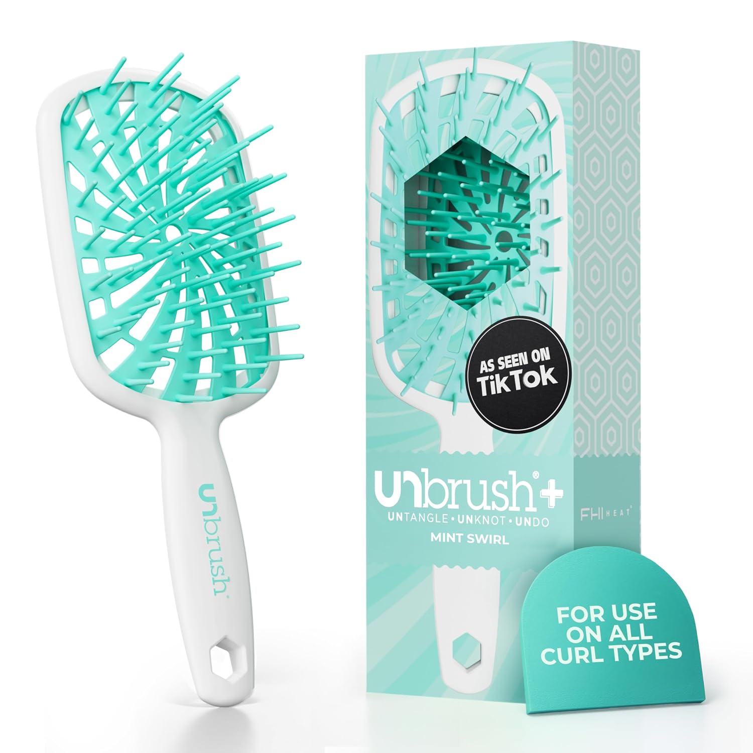 FHI Heat UNbrush Plus — Curly Hair Brush for Gentle & Effective Detangling on Wet or Dry Fragile Hair Types — Detangler Brush w/ 84 UltraFlex Bristles, Ultra-light, Vented, Anti Static Hairbrush