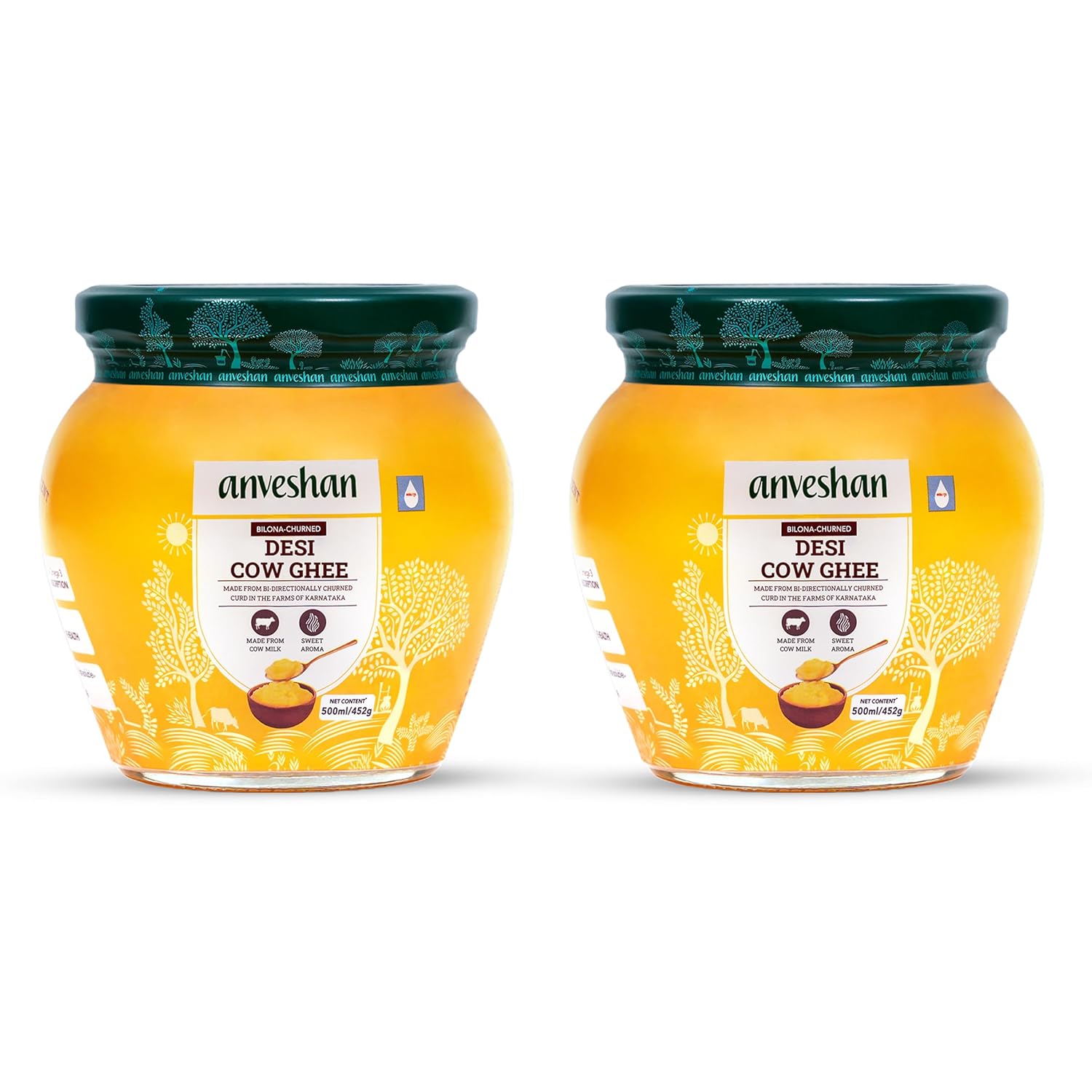 Anveshan A2 Vedic Bilona Cow Ghee in Glass Jar, 1 Litre (500 ml * 2) (Pack of 2) (Made from Curd by Traditional Bilona Churning Method Using Indian Desi A2 Cow Milk)