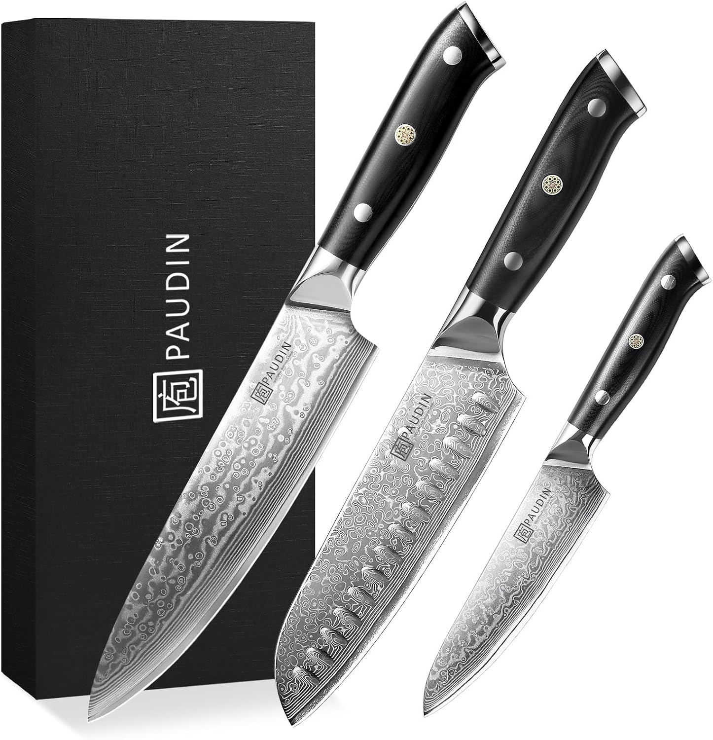 PAUDIN 3 Pieces Chef Knife Set, Ultra Sharp Damascus Kitchen Knife Set