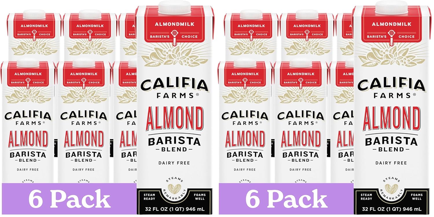 Califia Farms - Original Almond Barista Blend Almond Milk 32 Oz,Shelf Stable,Dairy Free,Plant Based,Vegan,Gluten Free,Non GMO,High Calcium,Milk Frother,Creamer,(Pack of 12)