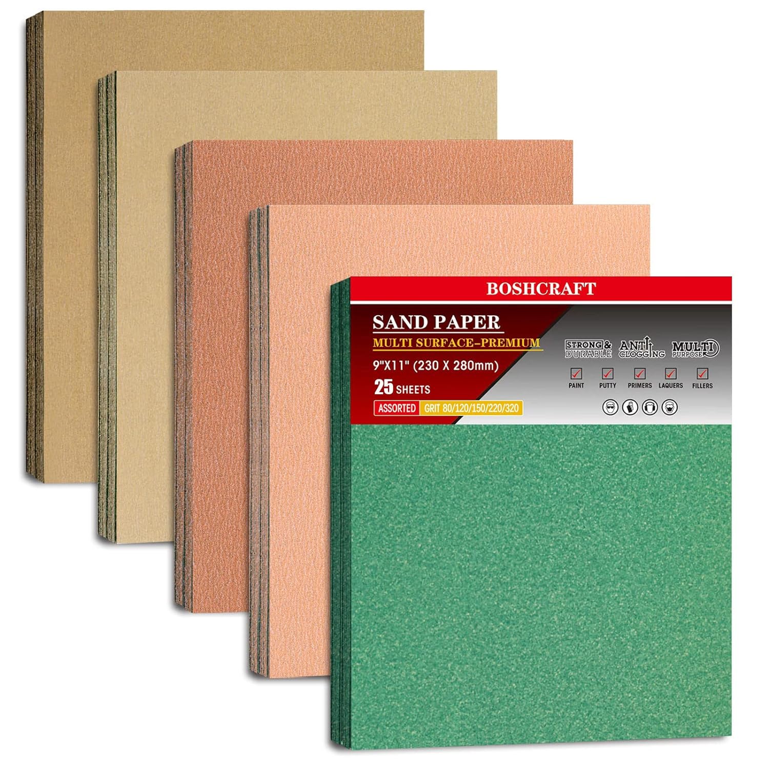 25 PCS Sandpaper, Sandpaper Assortment for Wood Metal Furniture Hand Sander Sand Paper 80/120/150/220/320 Grit Sandpaper Sheets Cut for Use 9" x 11"
