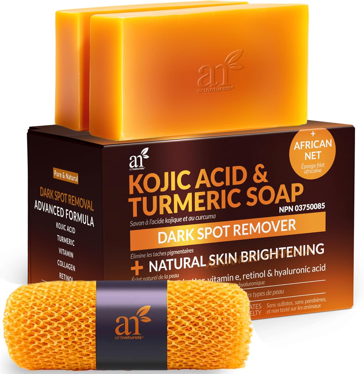 Kojic Acid Soap + African Net Sponge (2 pack X 142g Turmeric bars) Dark spot remover, Hyperpigmentation & Scars - Original Japanese Complex Vitamin C, Hyaluronic Acid, retinol, shea butter (Citrus)