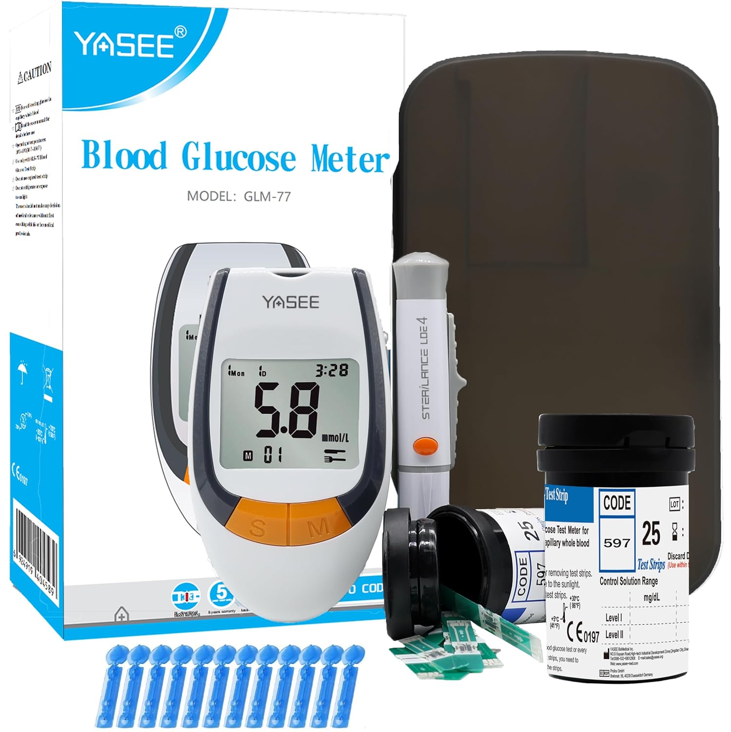 yasee Blood Glucose Monitor Meter, Diabetes Testing Kit Blood Sugar Tester, 50 Test Strips, 50 Lancets, Portable Diabetic Glucometer - for UK Diabetics in mmol/L,Home Use