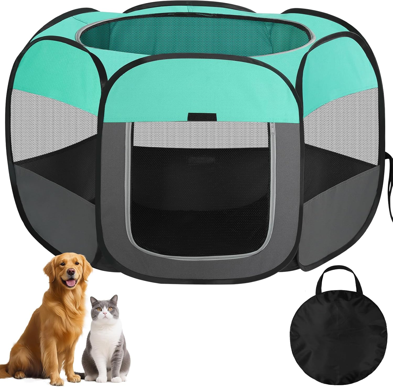 Pet Playpen for Dogs Cats, Foldable Dog Pen for Indoor Outdoor, Portable Puppy Play Pen Soft Fabric Kennel, Lightweight Cat Playpen for Puppy, Kitten, Rabbit, Hamster (Green, M (85x85x58cm), 6)
