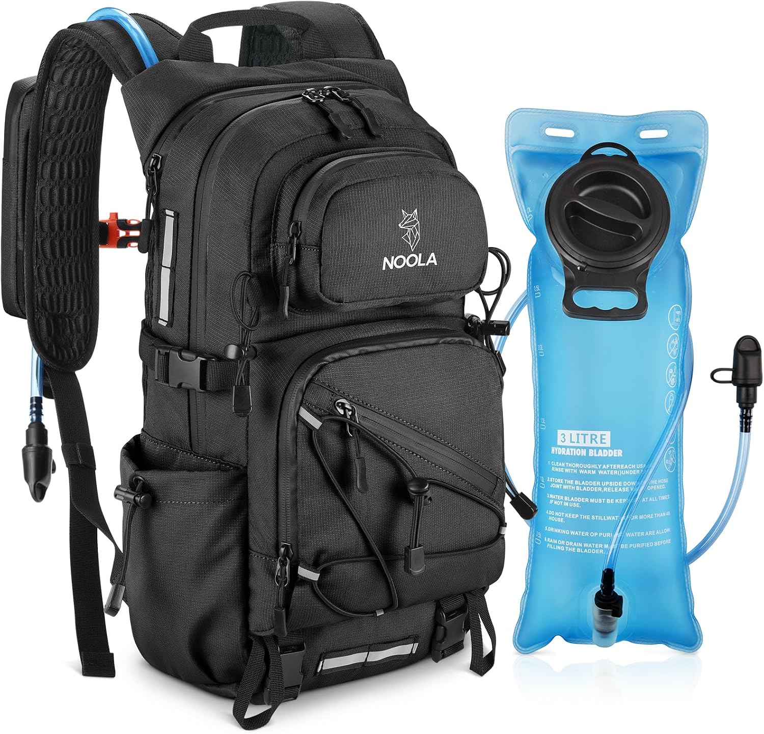 Hydration Hiking Backpack with 3L Water Bladder - 25L Water Backpack for Cycling, Running, Biking - Lightweight Hiking Pack Bag with Rain Cover, Phone Holder and Trekking Pole Holders, Black
