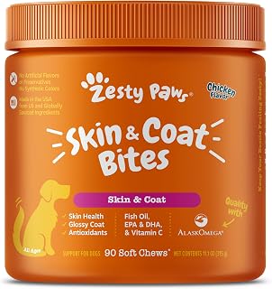 Zesty Paws Omega 3 Alaskan Fish Oil Chew Treats for Dogs - with AlaskOmega for EPA & DHA Fatty Acids - Hip & Joint Support + Skin & Coat Chicken Flavor (90 Soft Chews)