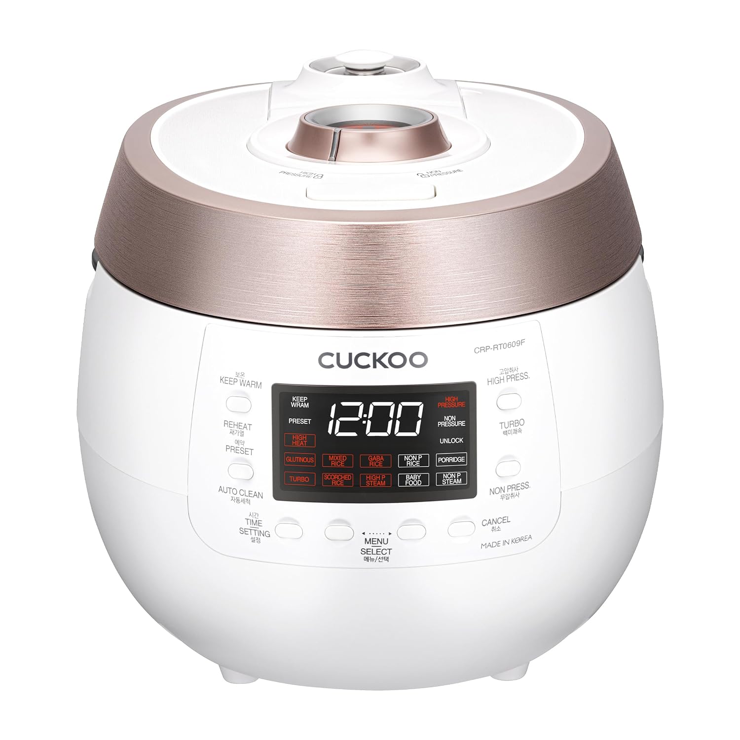 Cuckoo CRP-RT0609FW 6 cup Twin Pressure Plate Rice Cooker & Warmer with High Heat, GABA, Mixed, Scorched, Turbo, Porridge, Baby Food, Steam (Hi/Non Press.) and more, Made in Korea (White)