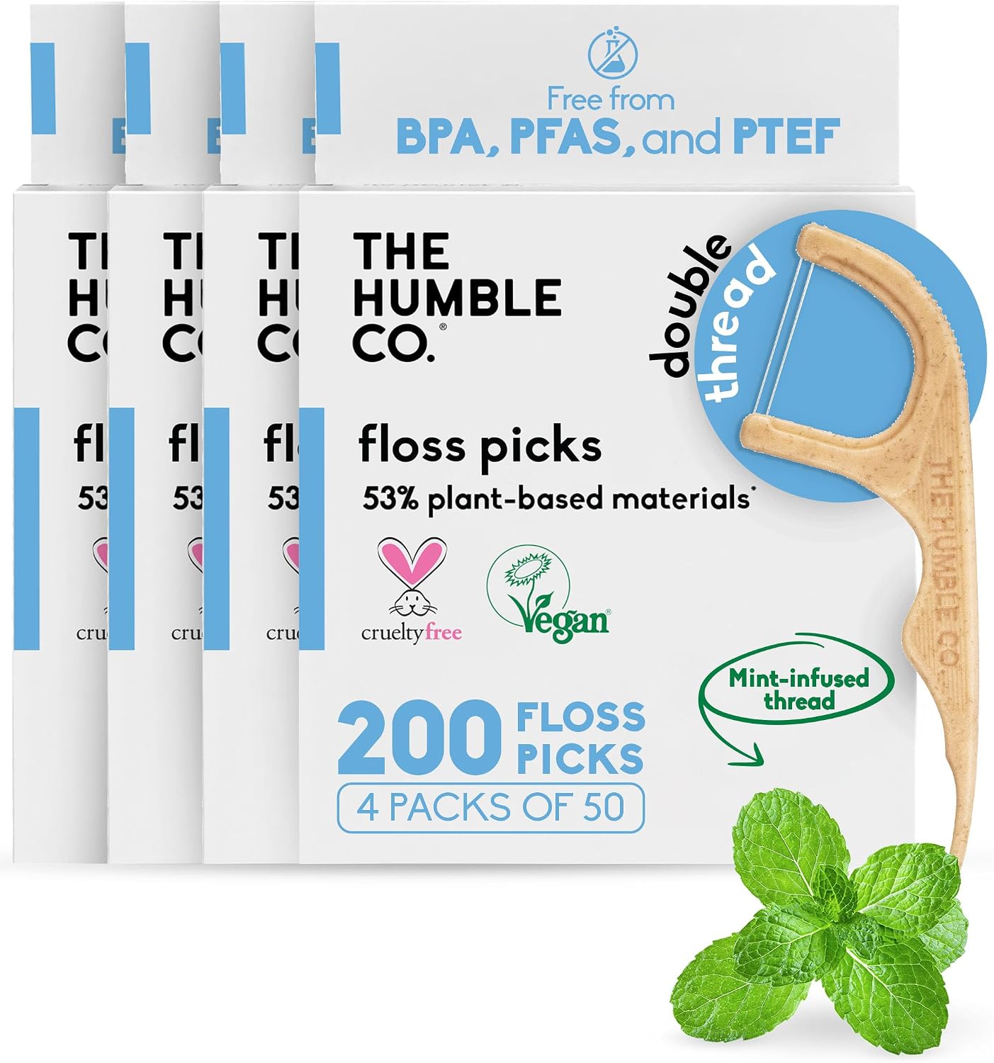 The Humble Co. Dental Floss Picks, Double Thread, Mint (200 Count) | Tooth Picks Flossers, Gum Health, Dental Oral Care & Hygiene, Gum Health, Interdental Flossers for Adults, Toothpick Floss