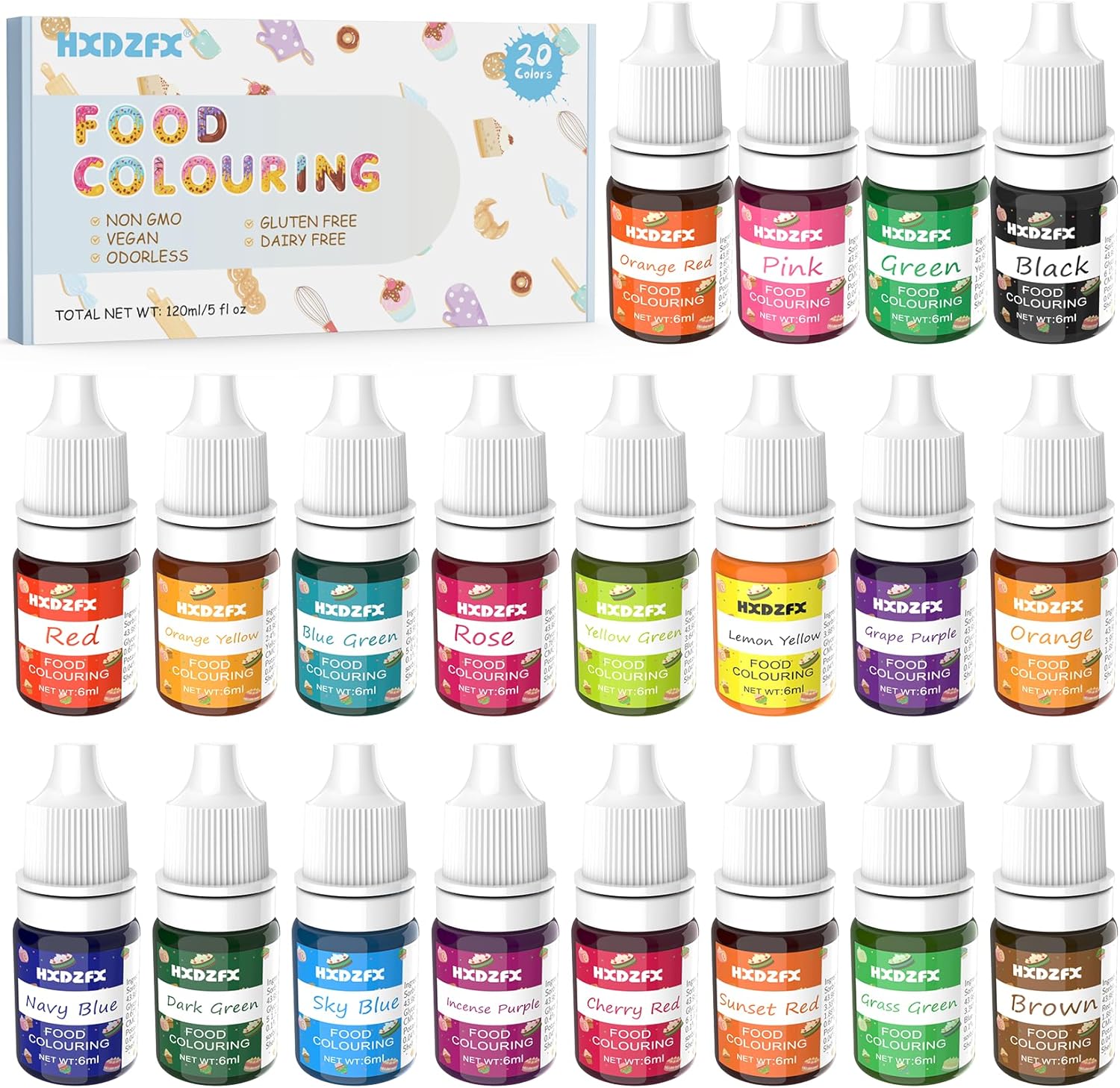 HXDZFX Food Colouring - 20 Colours x 6ml Food Dye Concentrated Liquid Cake Food Colouring Set, Yellow,Orange,Blue,Sky,Green,Red,Pink,Black,Purple