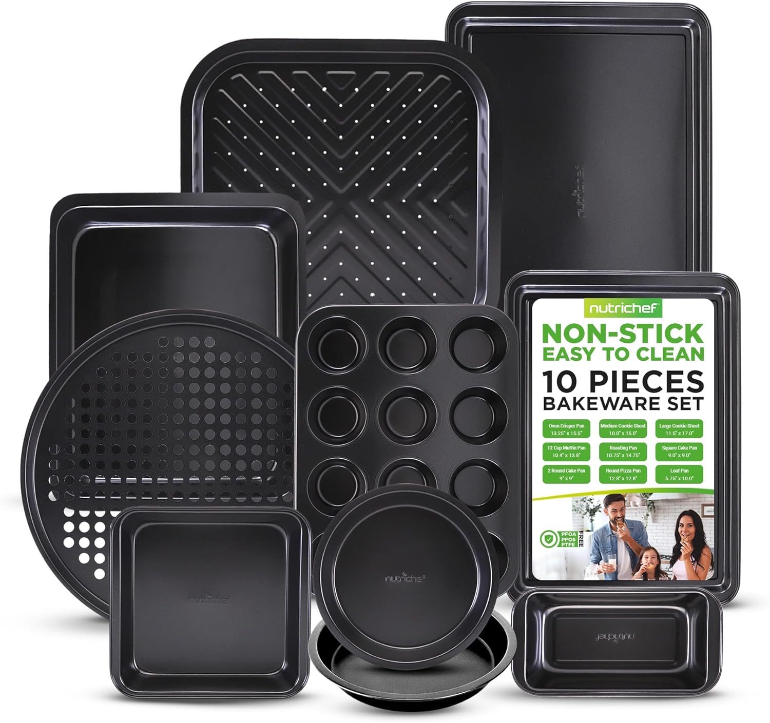 10-Piece Kitchen Oven Baking Pans - Deluxe Carbon Steel Bakeware Set with Stylish Non-stick Gray Coating Inside and Out, Dishwasher Safe & PFOA, PFOS, PTFE Free - NutriChef