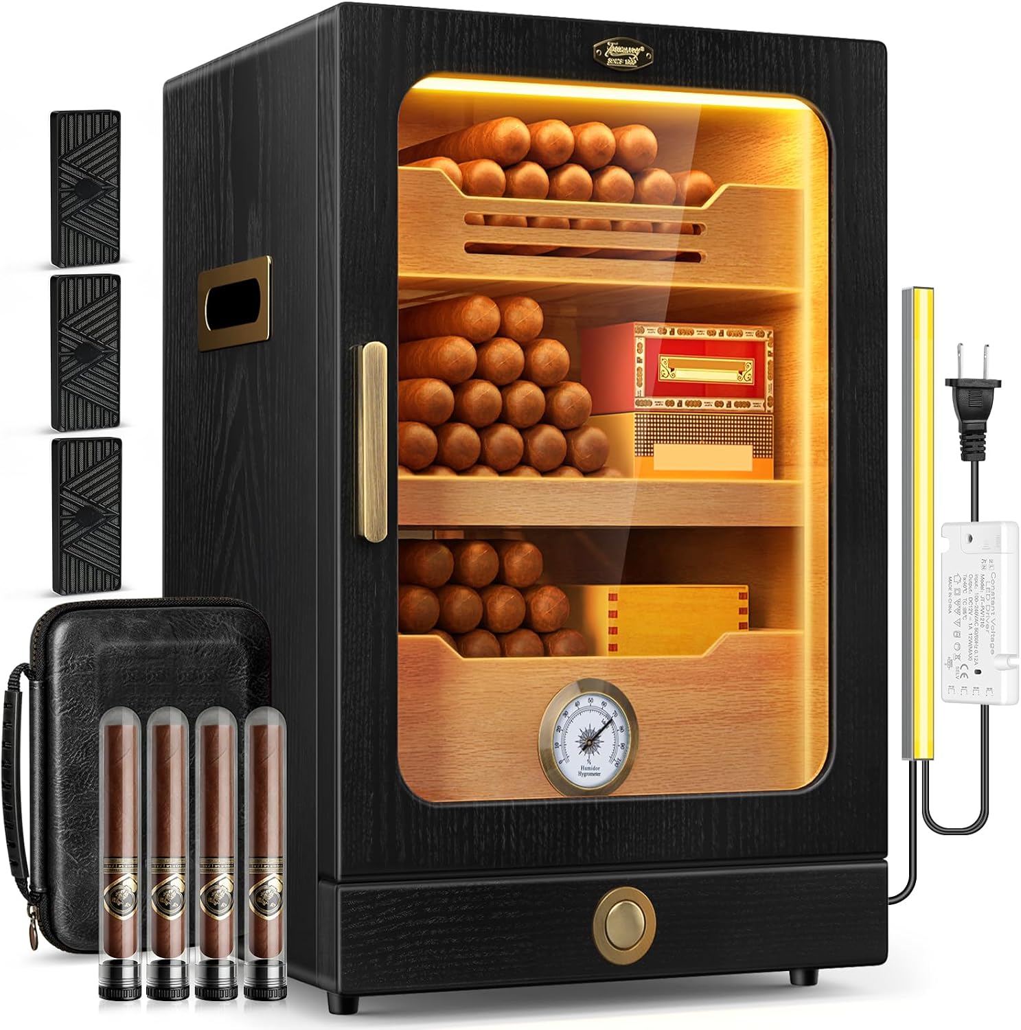 Cigar Humidor, Desktop Cigar Humidor Cabinet Light Control System with Spanish Cedar Wood Shelves, Hygrometer, 3 Humidifiers and Cigar Accessories Drawer, Father's Day Gift for Men (Black)