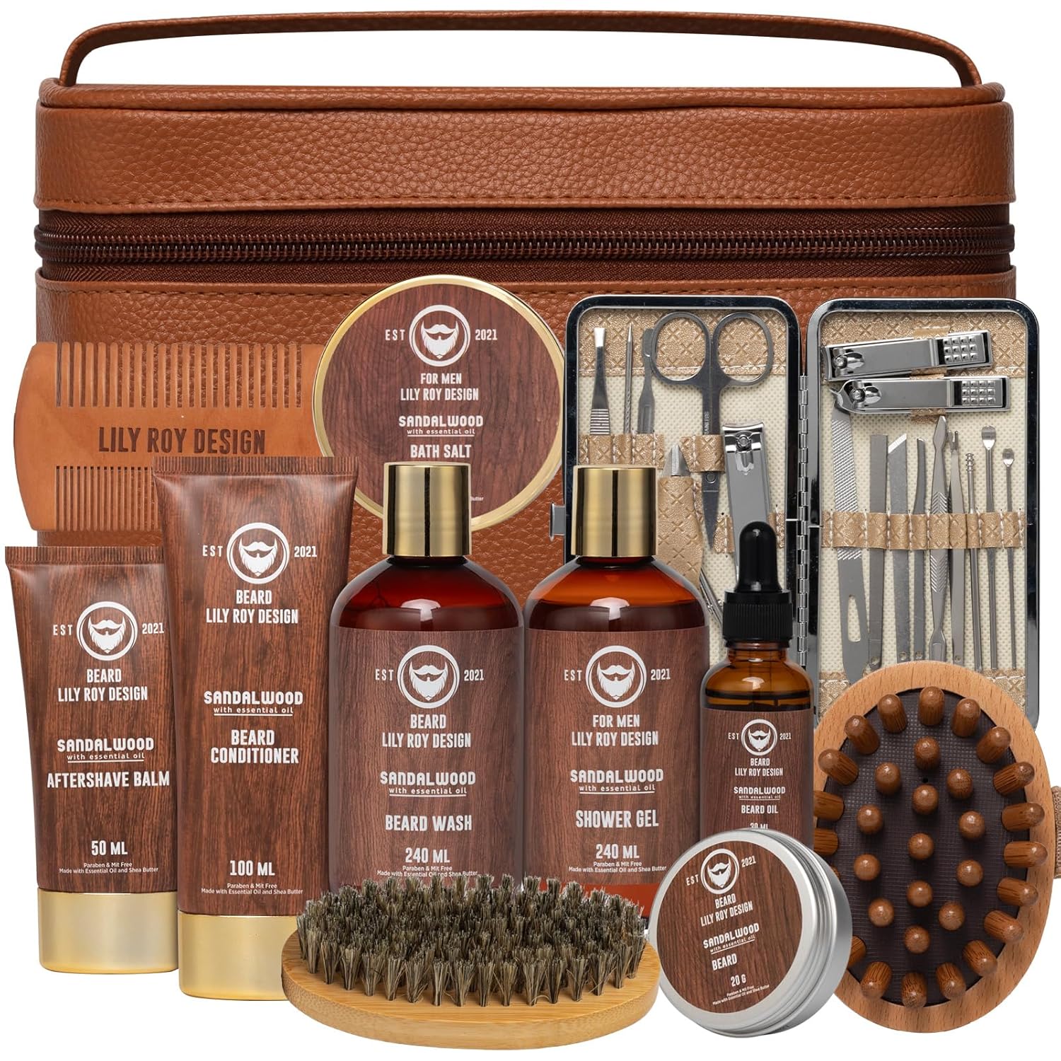 Father's Day Spa Gift Set for Men - Luxury 30-Piece Sandalwood Bath & Beard Gift Set for Men, Bath & Body Care Kit for Him with Beard Wax | Christmas, Valentine's Day, Birthday, Gift for Father Dad