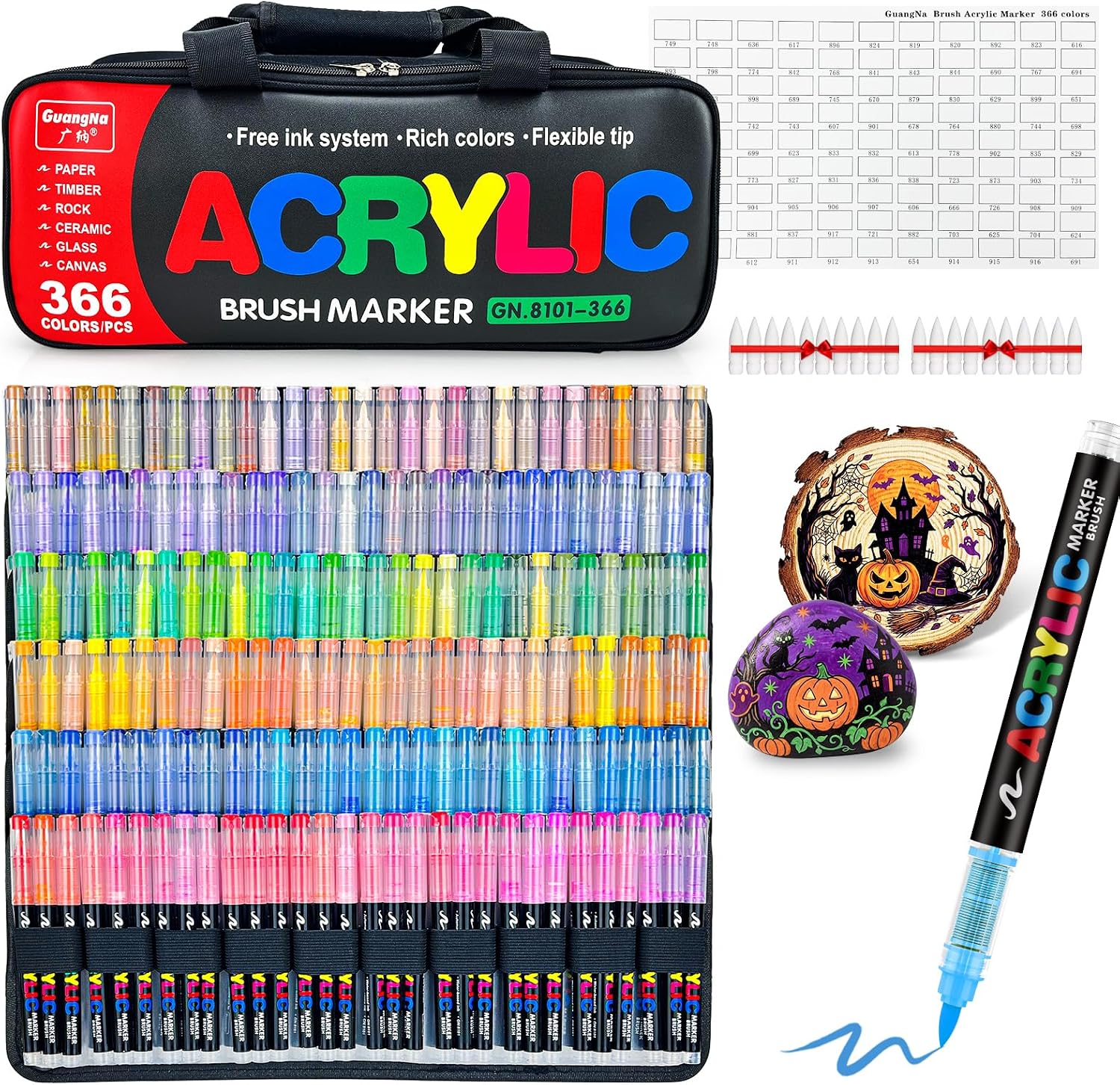 Guangna 366 Acrylic Paint Markers, Brush Tip Acrylic Paint Pens, Quick-Drying Waterproof Ink, for Rock Painting Plastic Wood Canvas Glass Ceramic Metal Art Crafts Supplies Gift