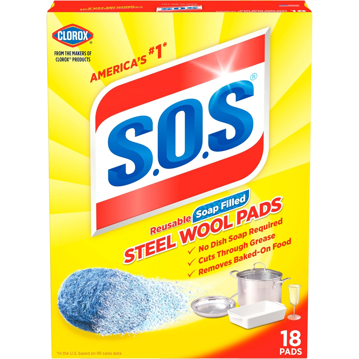 S.O.S Steel Wool Soap Pads, Home Cleaning Pads, Reusable Soap Scrubbers, Grease Cleaner, Outdoor, Bathroom or Kitchen Cleaning, 18 Count (Pack of 12)