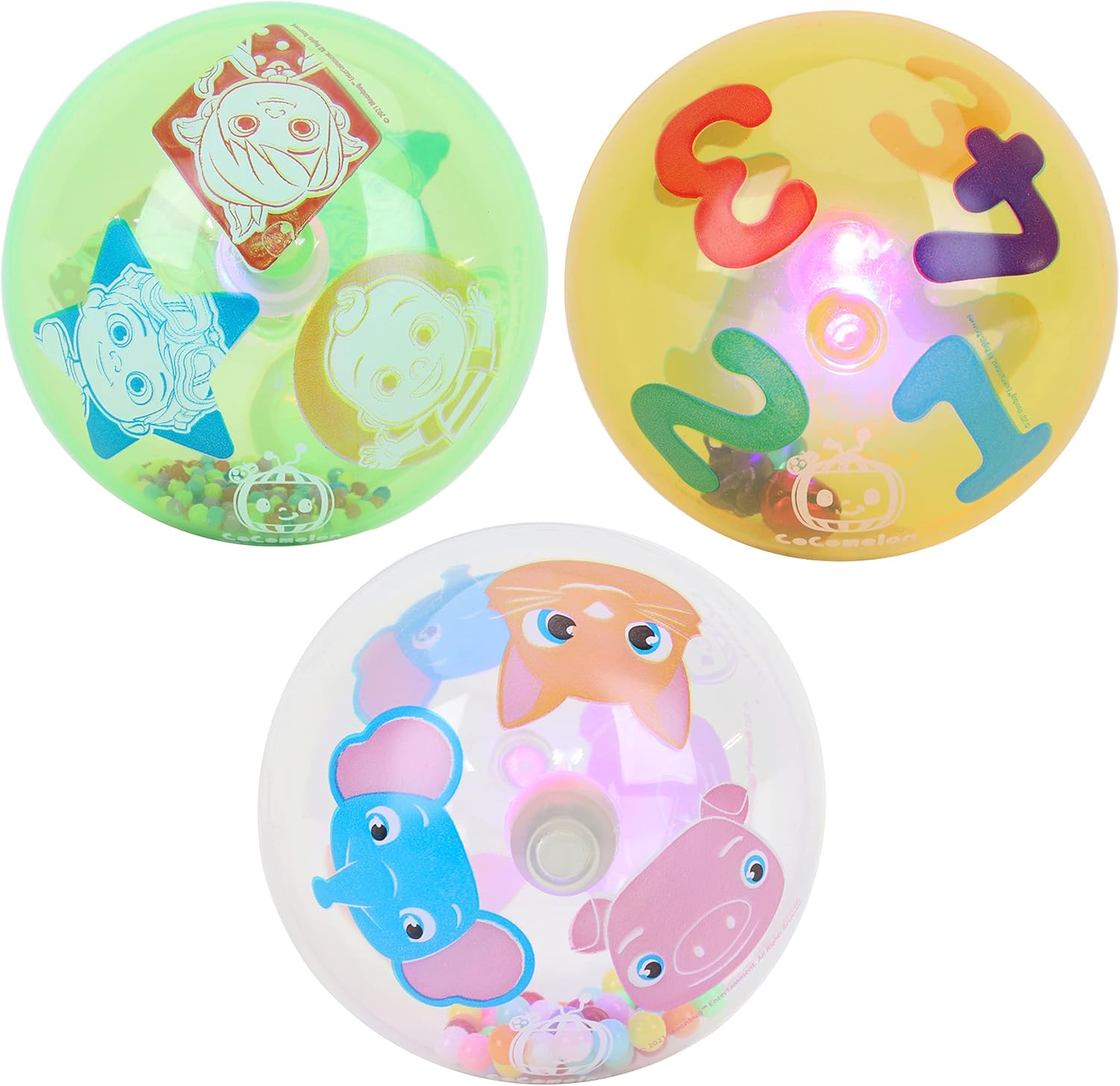 Toyland® Pack of 3 Cocomelon 8cm Light Up & Shake Balls - Fun Coco Melon Baby Toys - Toddler Sensory Toys - Suitable From Birth