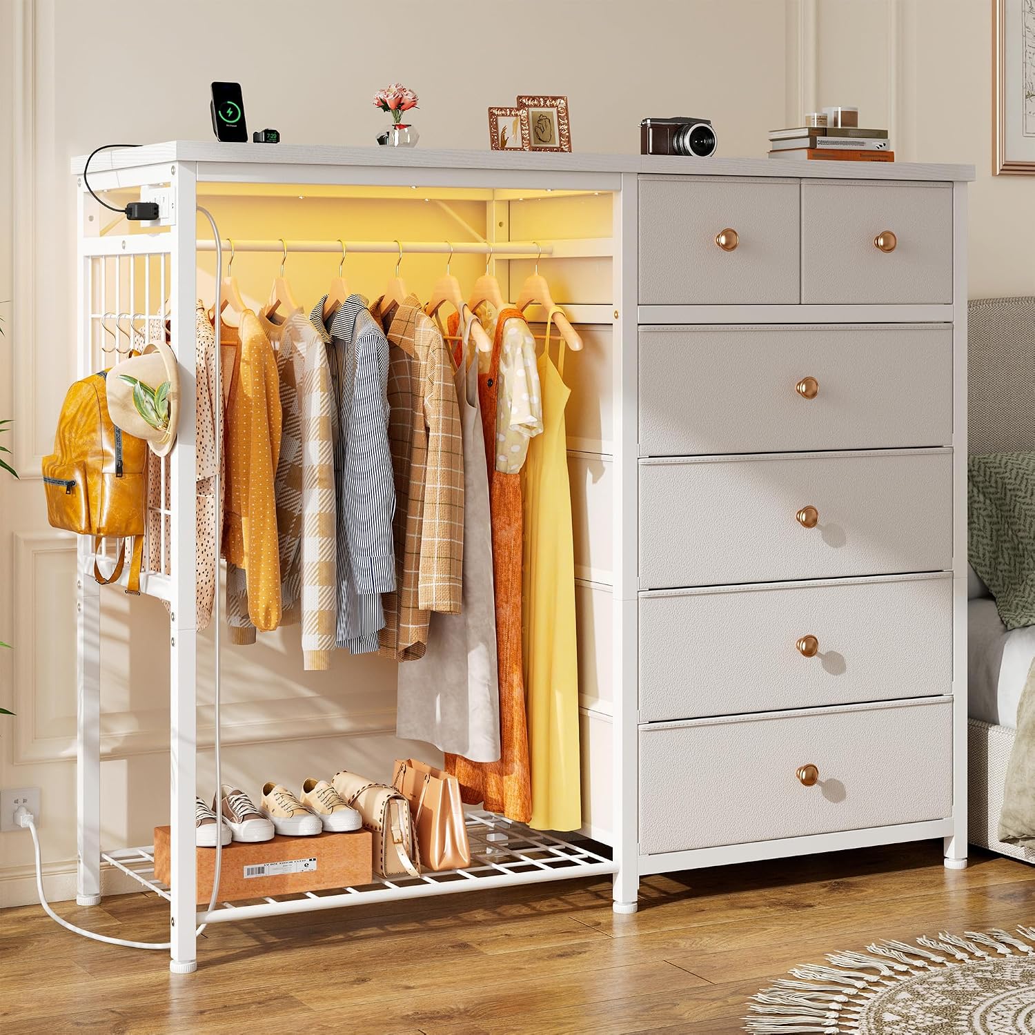 EnHomee 49.2" W White Dresser for Bedroom with Hanging Rack, 6 Drawers Dresser with LED Lights & Charging Station, Fabric Dressers & Chest of Drawers with Rack, Wooden Top, Grid Panel
