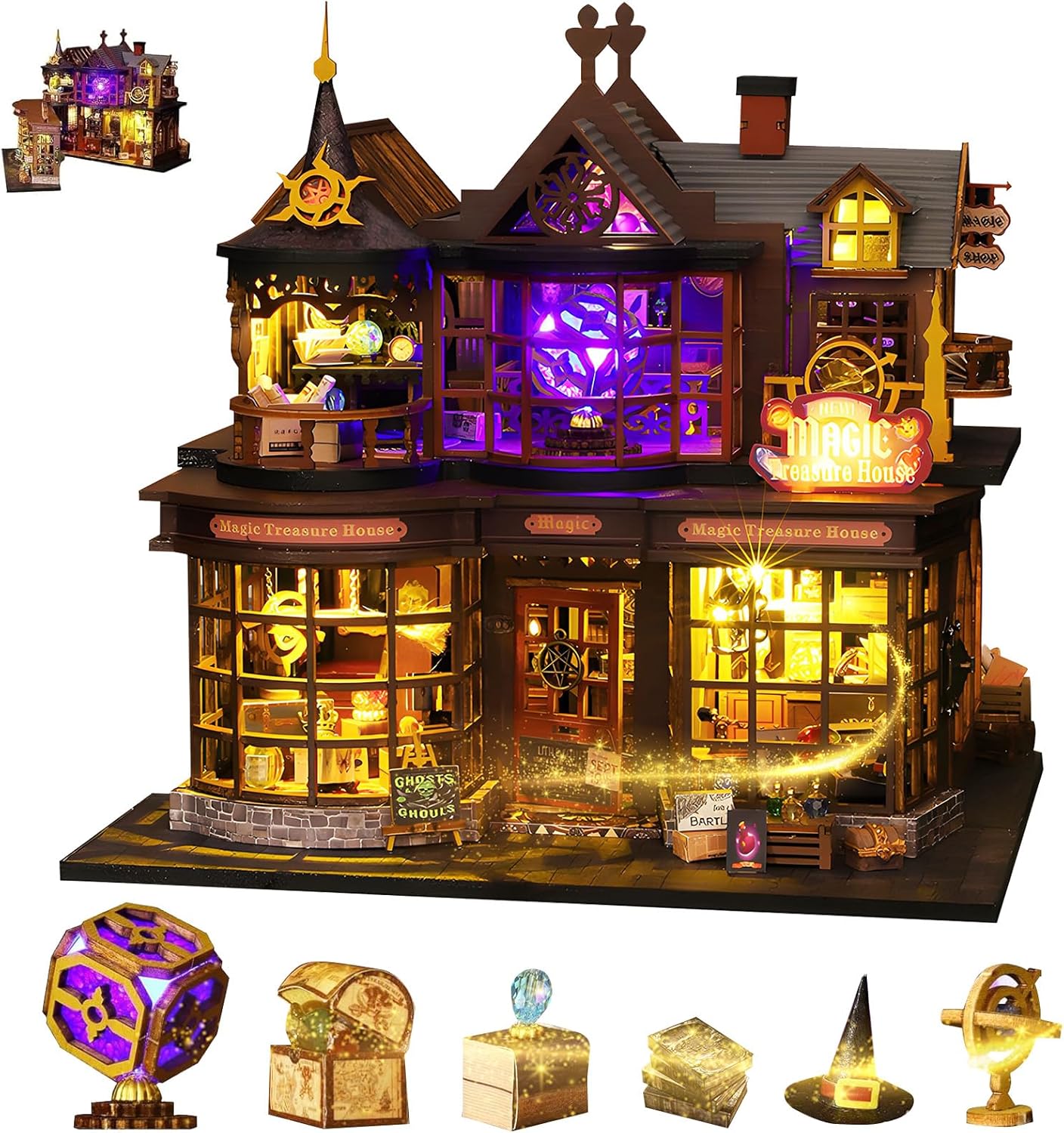 DIY Miniature House Kit, Magic Cabin House 3D Wooden Puzzles Dollhouse Bookshelf Insert Decor Alley, Miniature Dollhouse Bookends Model Build-Creativity Kit with LED Light for Girls Boys Adults