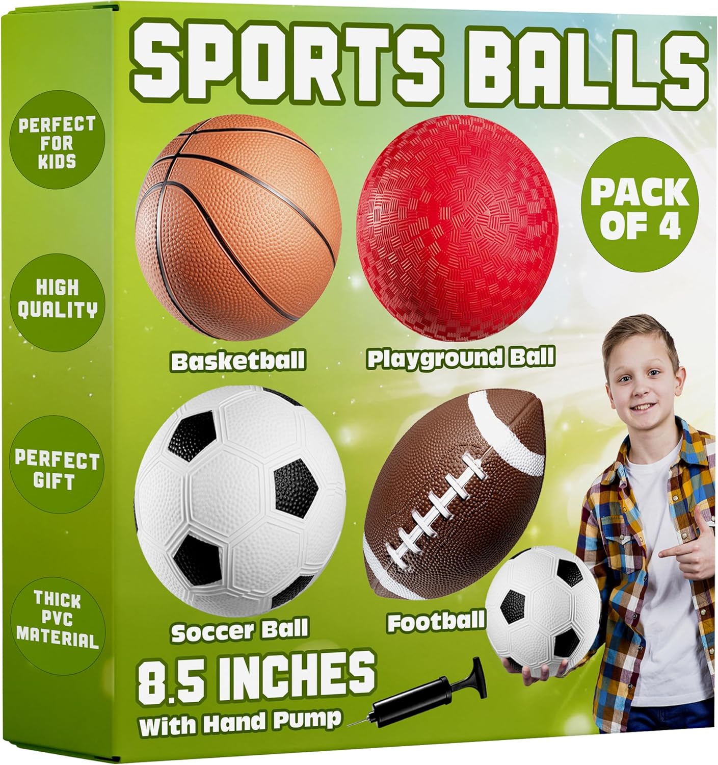 8.5” Sports Balls for Kids & Toddlers - (Pack of 4) Rubber Inflatable Multi-Sport Ball Set - Football, Soccer Ball, Basketball & Playground Ball - Outdoor Toys for Boys & Girls, Hand Pump & Gift Box