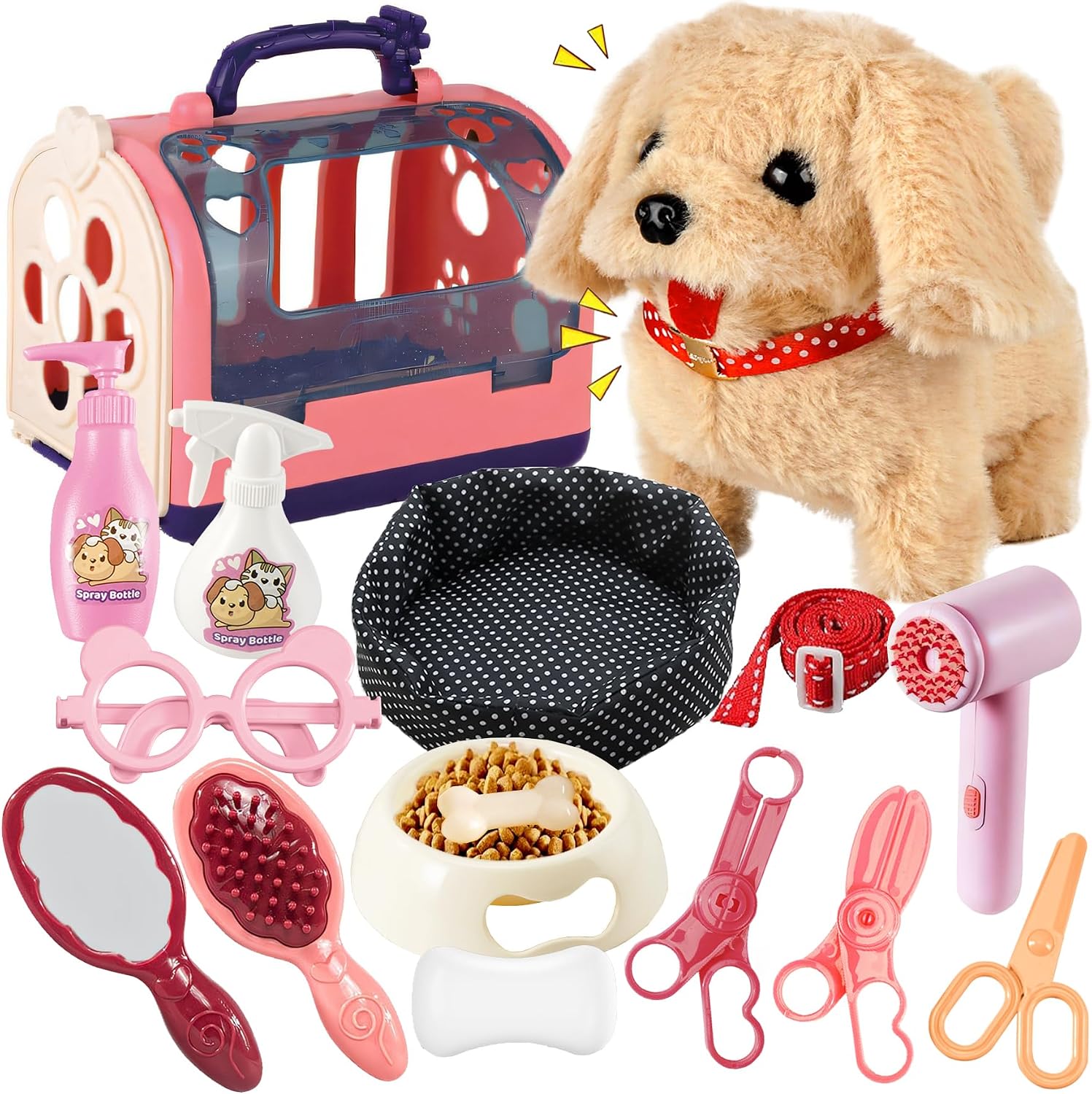 STAY GENT Interactive Robot Dog Toys for Kids, 16Pcs Electronic Pet Grooming Toys with Pet Carrier & Plush Walking Toy Dog on Lead, Pet Care Role Play Toys Gifts for Girls 3 4 5 6 7 Years Old