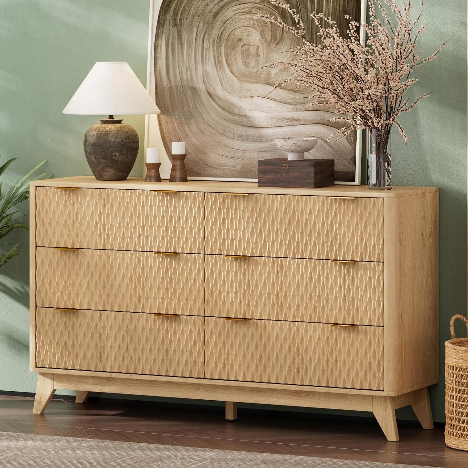 Fluted 6 Drawers Dresser, Modern Dressers & Chests of Drawers, 54" Wide Light Wood Dresser for Bedroom, Storage Cabinet Organizer for Hallway(Natural Oak)