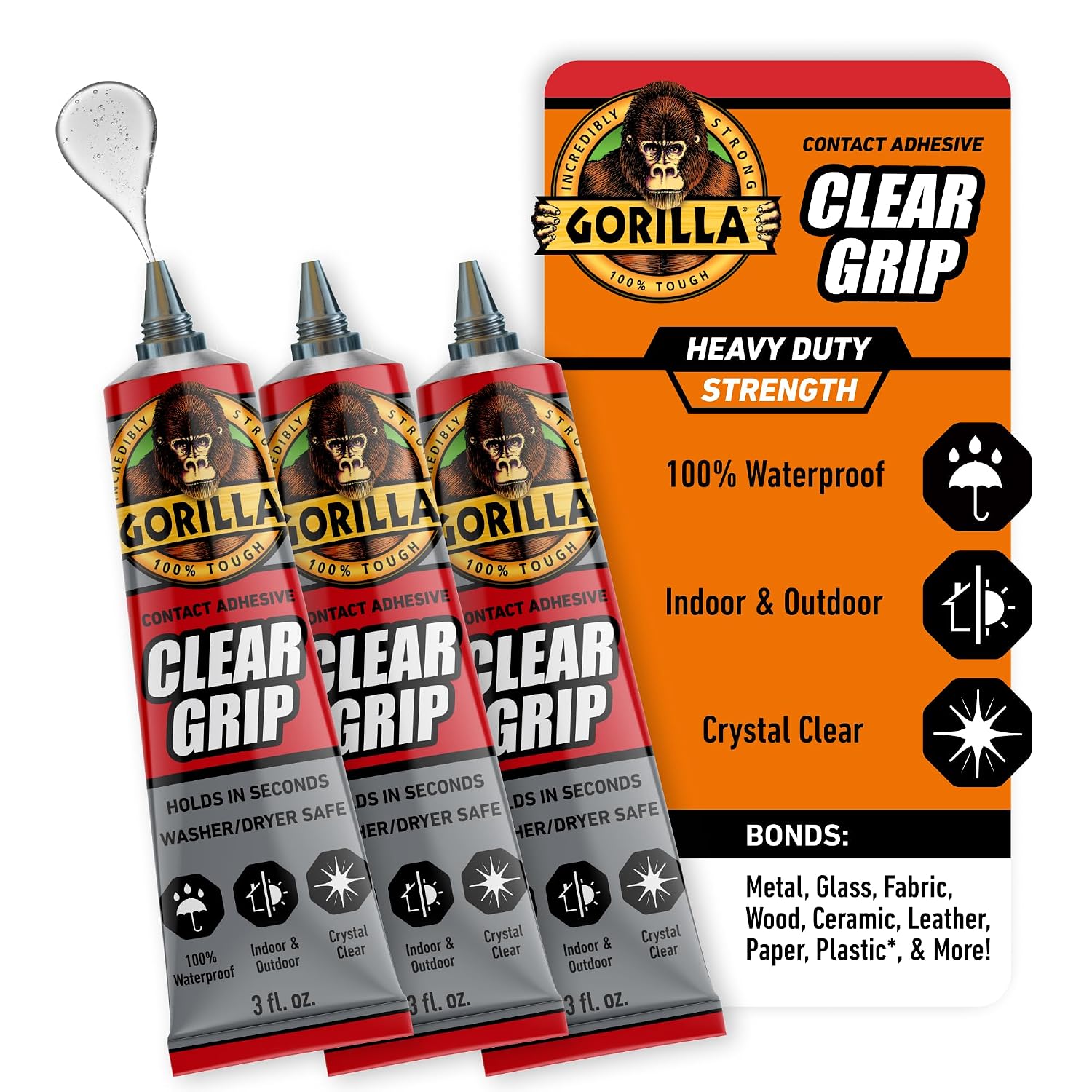 Gorilla Clear Grip Contact Adhesive, Waterproof, 3 oz Tube, 3-Pack