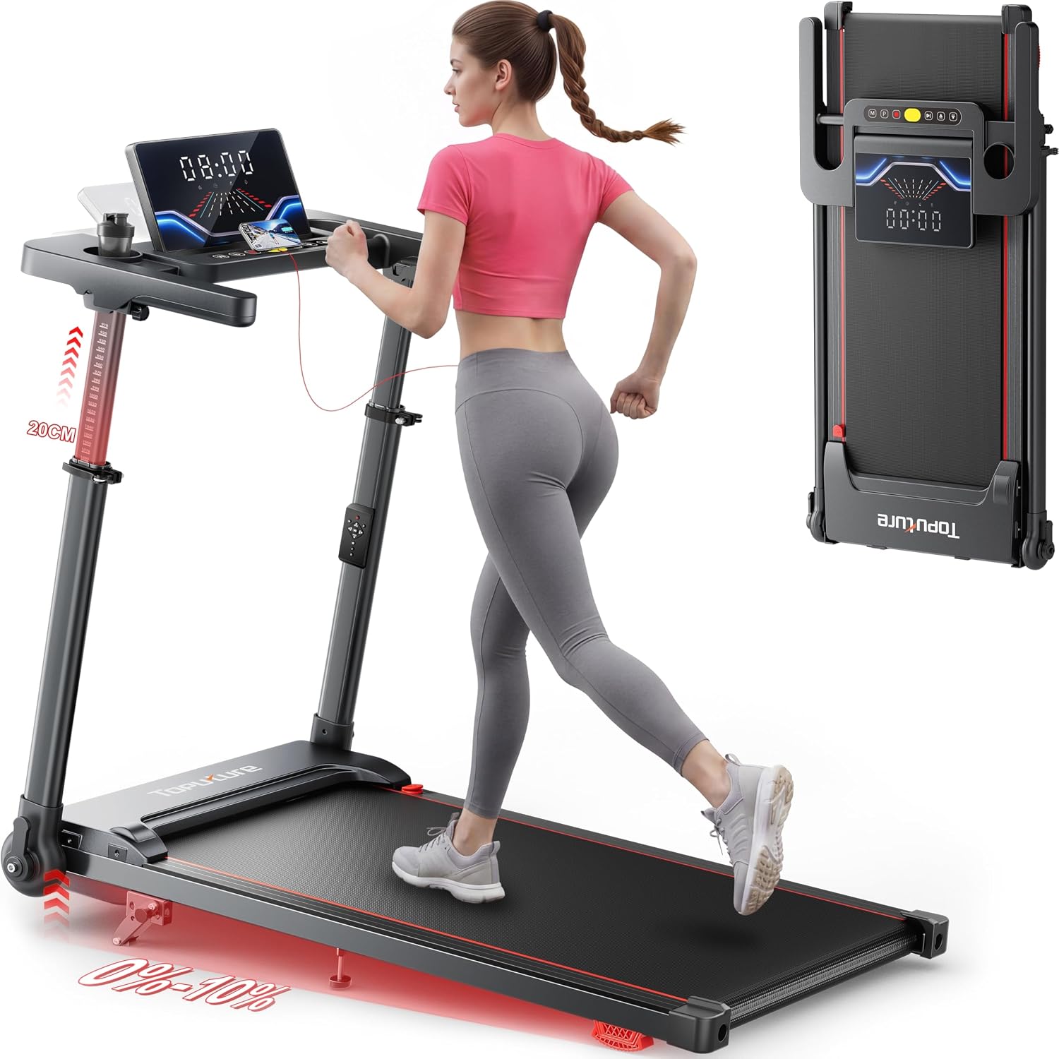 Toputure 6 in 1 Folding Treadmill with Retractable Handrail, 1%-5%-10% Incline Walking Pad Treadmills for Home, 1-12KM/H Foldable Treadmill with Table, Cup Holder, App, Magnetic Remote & LED Display