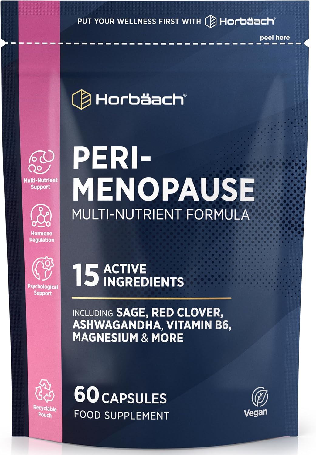 Perimenopause Supplement for Women | 16 Vitamins, Minerals and Botanicals to Support Wellbeing at Early Stage of Menopause | 60 Vegan Capsules | Contains Red Clover & Sage | by Horbaach
