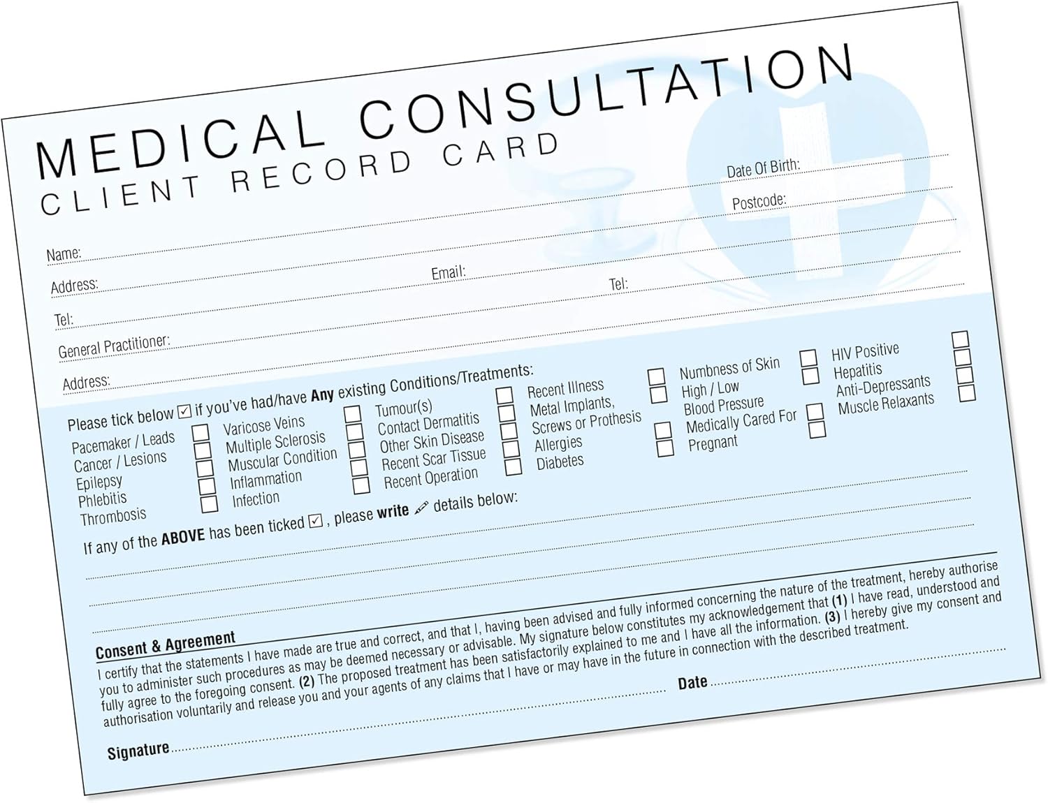 Medical Client Record Card - Treatment Consultation Form for Mobile Therapists & Salons A5 Pack of 50 - Landscape