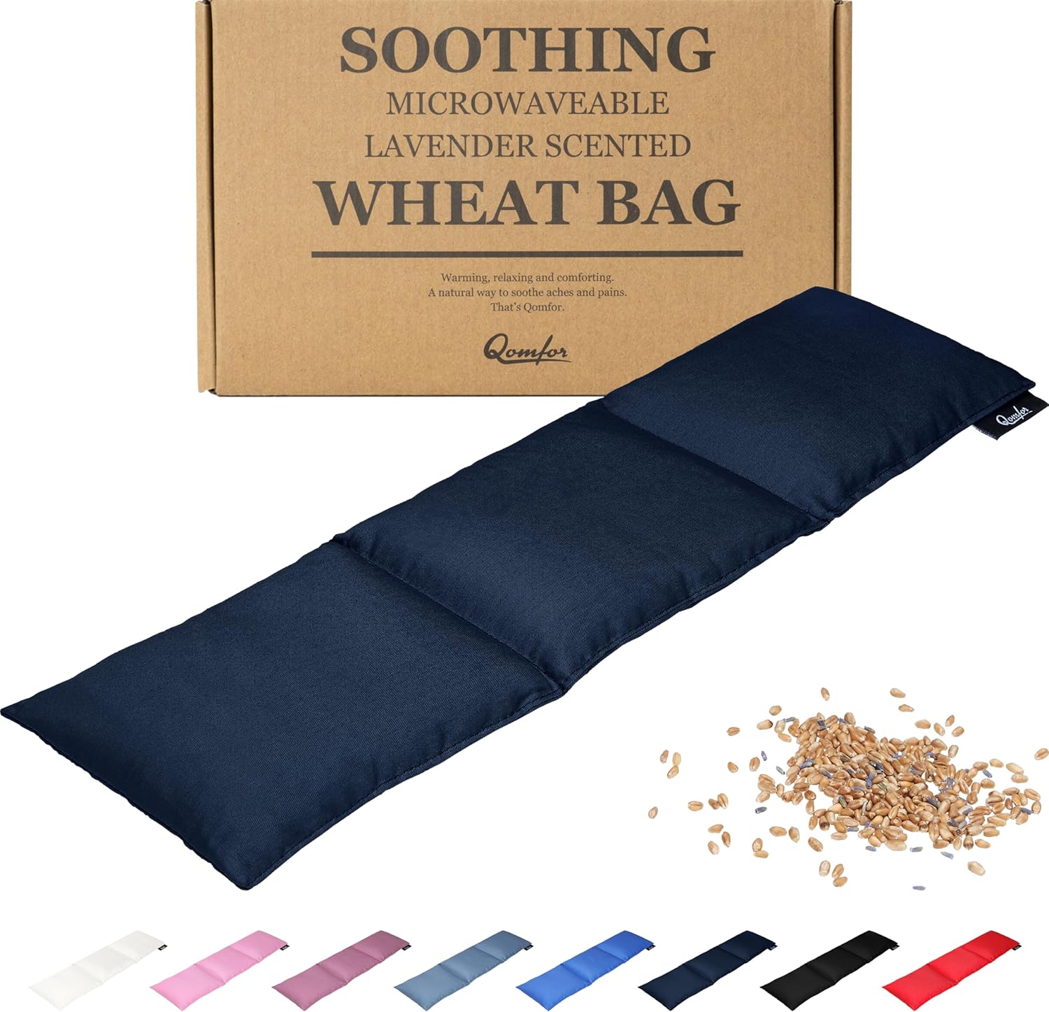 Qomfor Large Wheat Bag for Pain Relief - Microwavable Heat Pack with Lavender - Flexible Heat Pad for Back, Neck, Shoulder, Period Pain Relief - Soft & Soothing Heated Neck Warmer (Dark Blue)