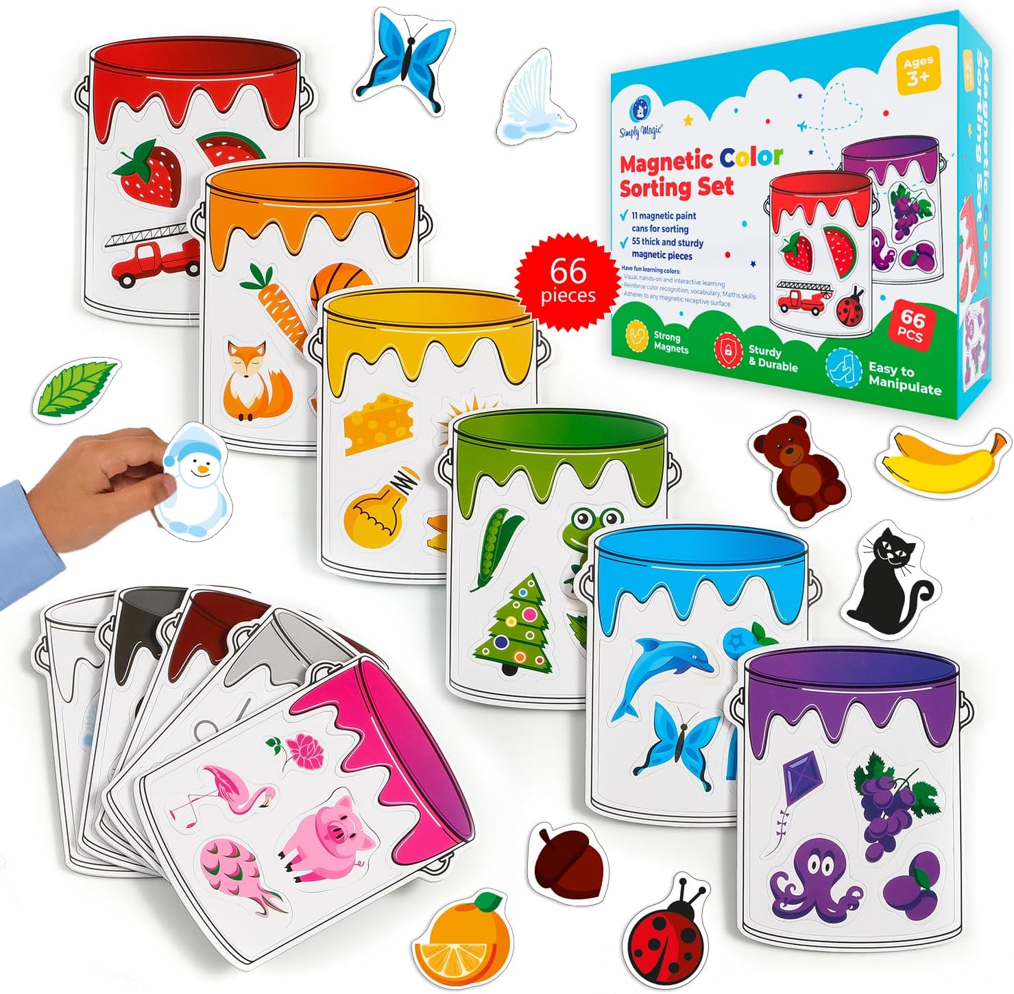 Simply magic 11 Jars Magnetic Color Sorting Set - Color Sorting Toys for Toddlers, Magnetic Shapes, Learning Colors Recognition Magnets, Color Matching Games for Toddlers, Preschool Circle Time