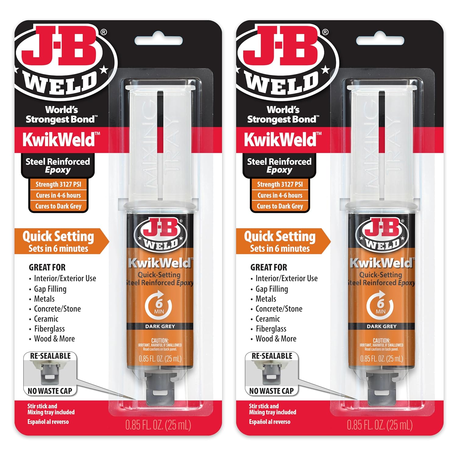 J-B Weld 6 Minute Set Epoxy KwikWeld, High Strength, Waterproof, 2 Pack, Dark Grey, 50176-2